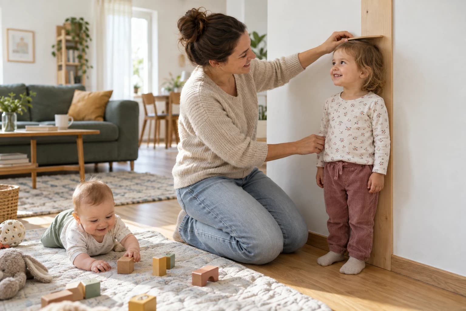 Mama masoara inaltimea unui copil mic acasa, in timp ce bebelusul se joaca pe covor