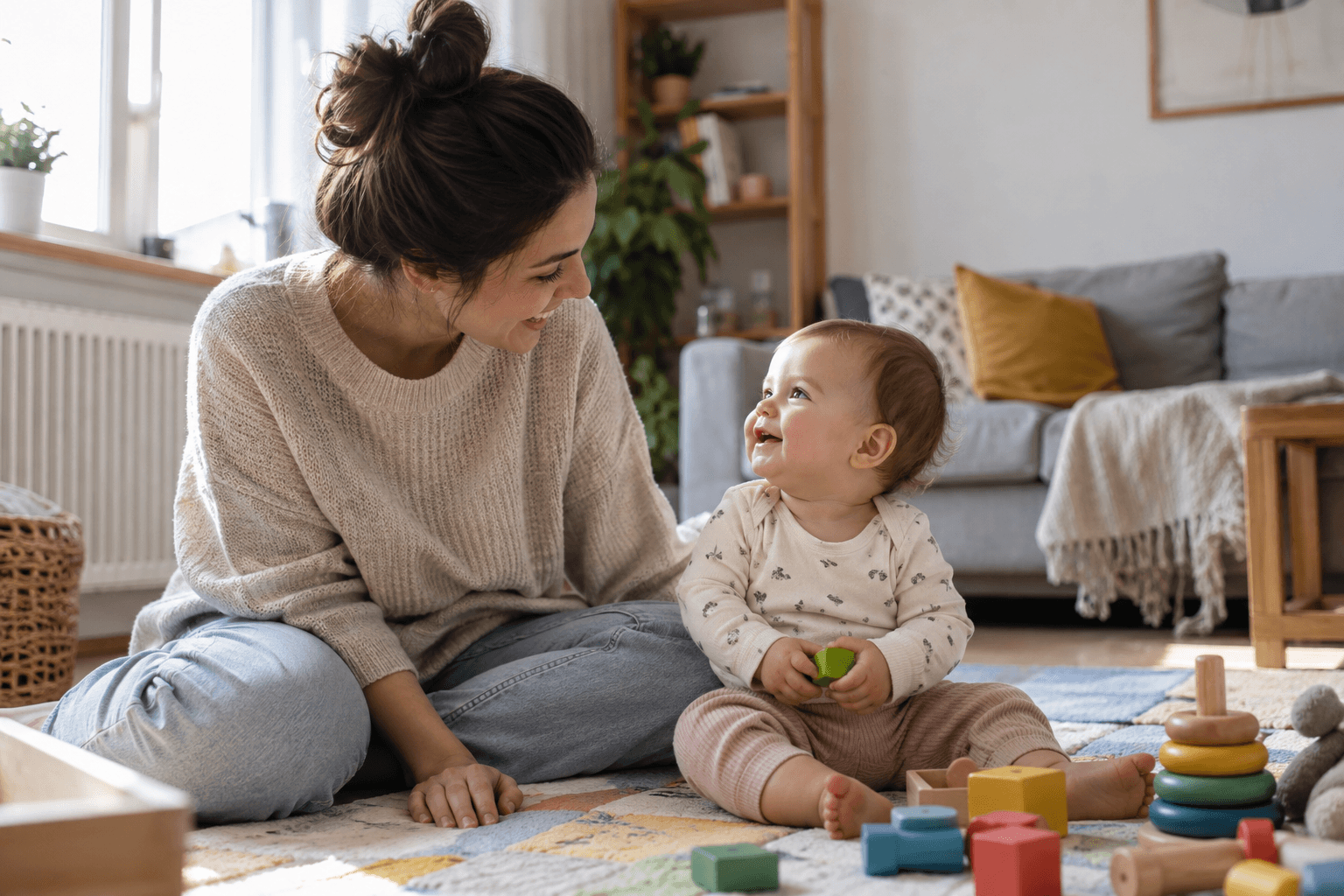 Bebeluș așezat pe covorul de joacă, întorcând privirea către mama care îi vorbește.