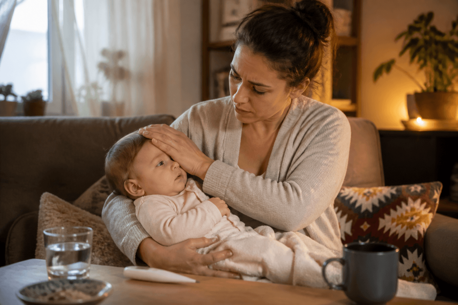 Parent gently checking a baby's forehead at home in warm evening light, realistic editorial lifestyle photo