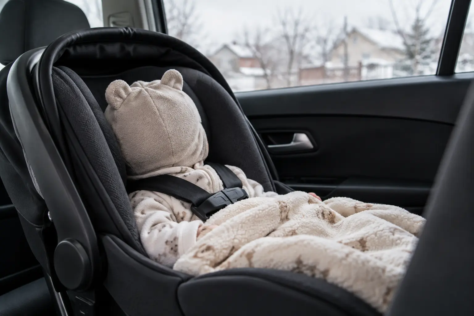 Scaun auto pentru bebeluș pregătit cu o pătură subțire așezată peste hamul închis.
