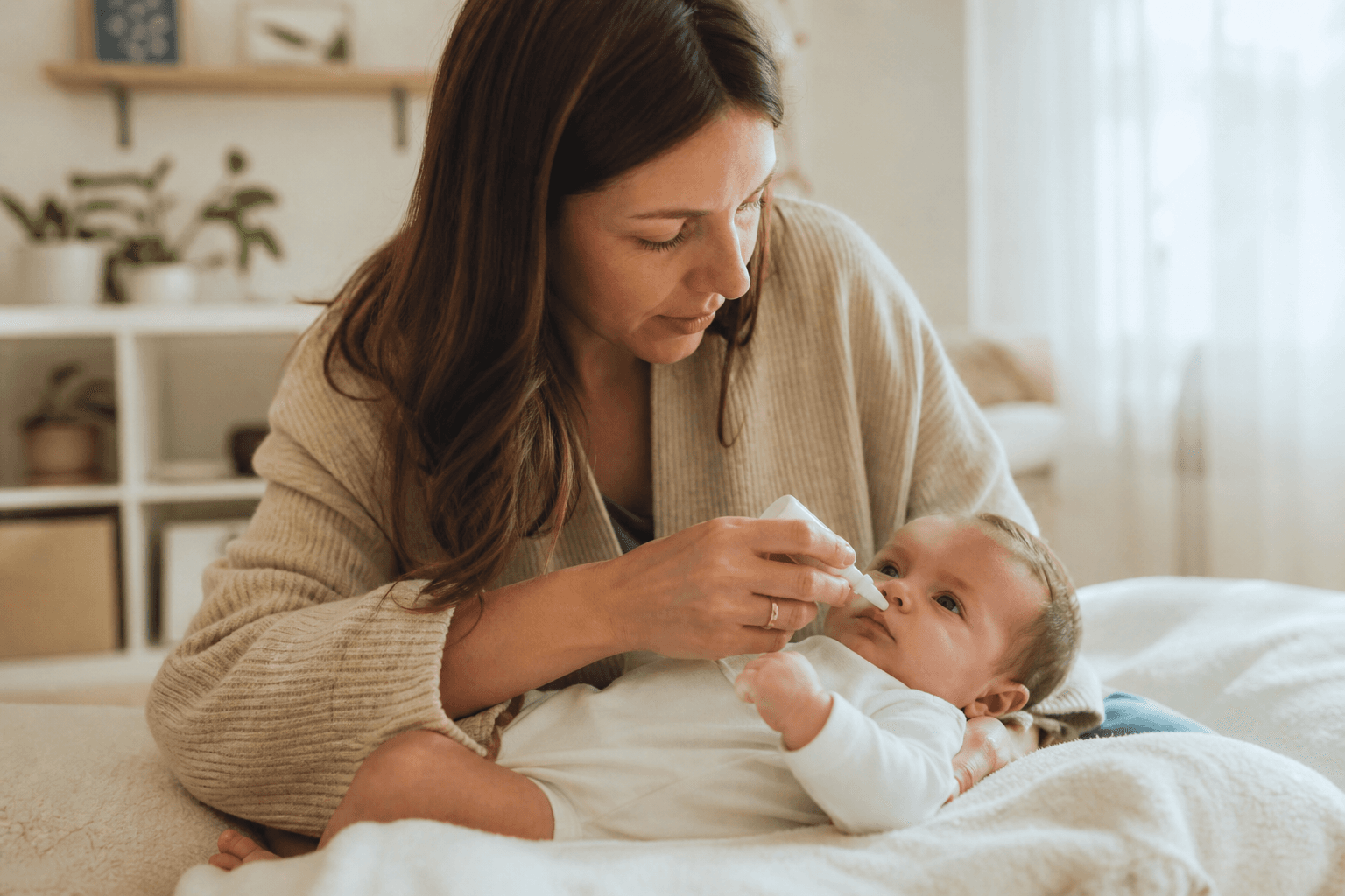 Imagine fotorealista, fara text, cu un parinte care curata bland nasul unui bebelus in casa