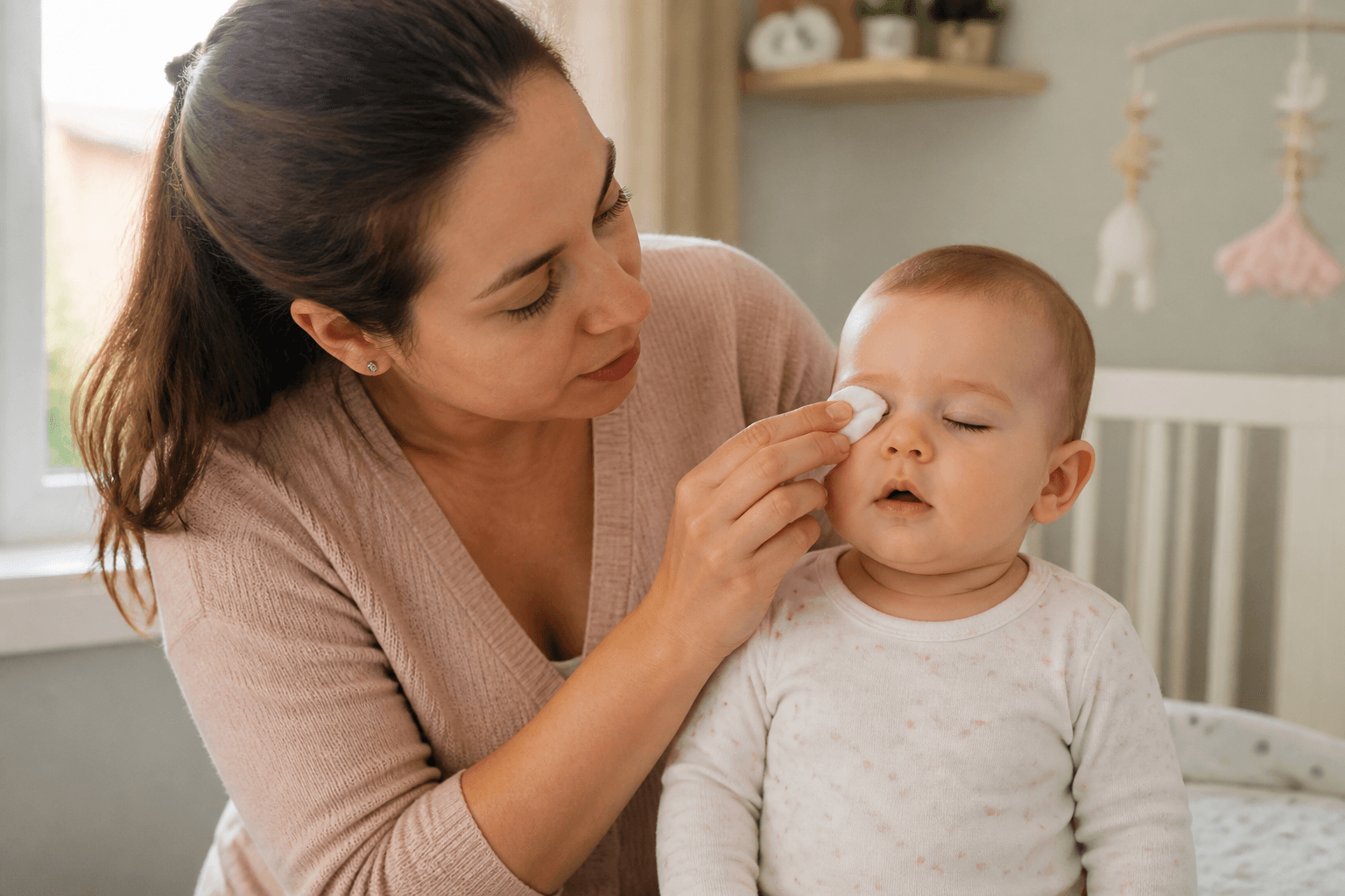 Parinte care curata bland ochiul unui bebelus cu o compresa moale, intr-o scena de familie luminoasa si realista