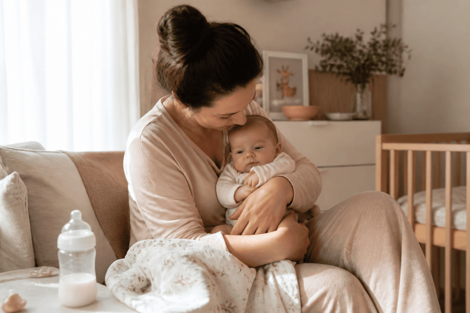 Imagine fotorealista, fara text, cu un parinte tinand in brate un bebelus calm intr-un living luminos