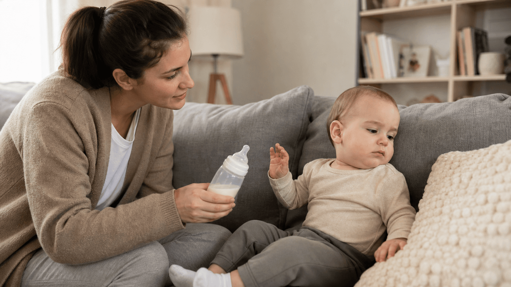 Imagine fotorealista, fara text, cu un parinte care incearca sa ofere biberonul unui bebelus intr-un living luminos
