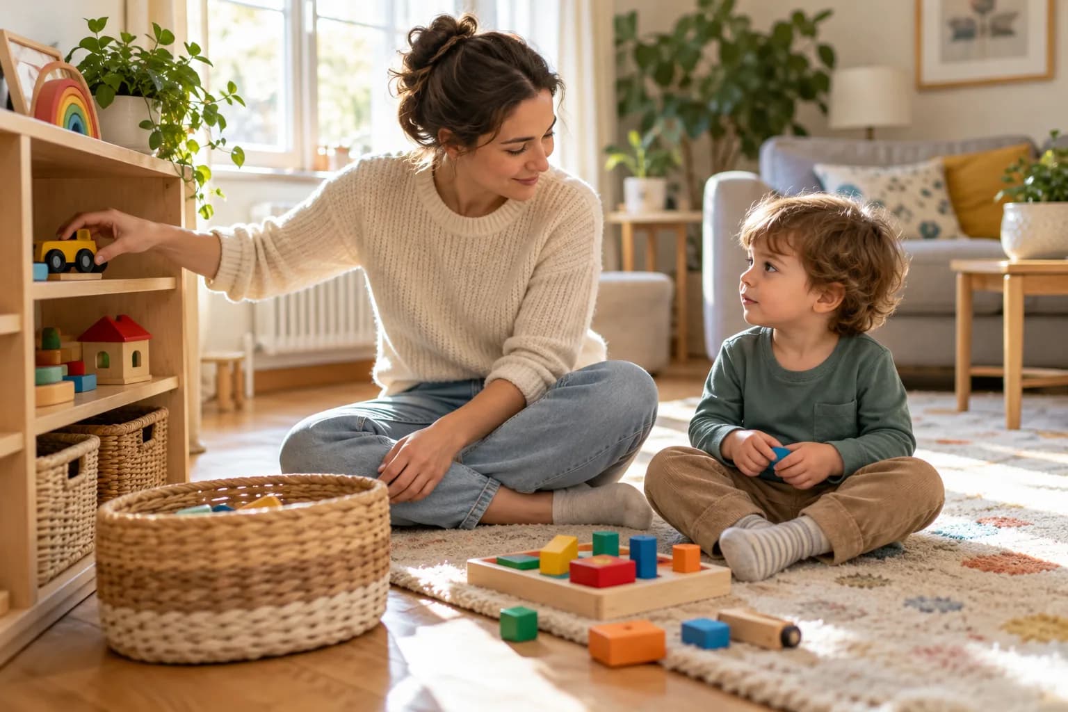 Părinte stă calm lângă un toddler și o jucărie pusă temporar pe raft într-un living luminos