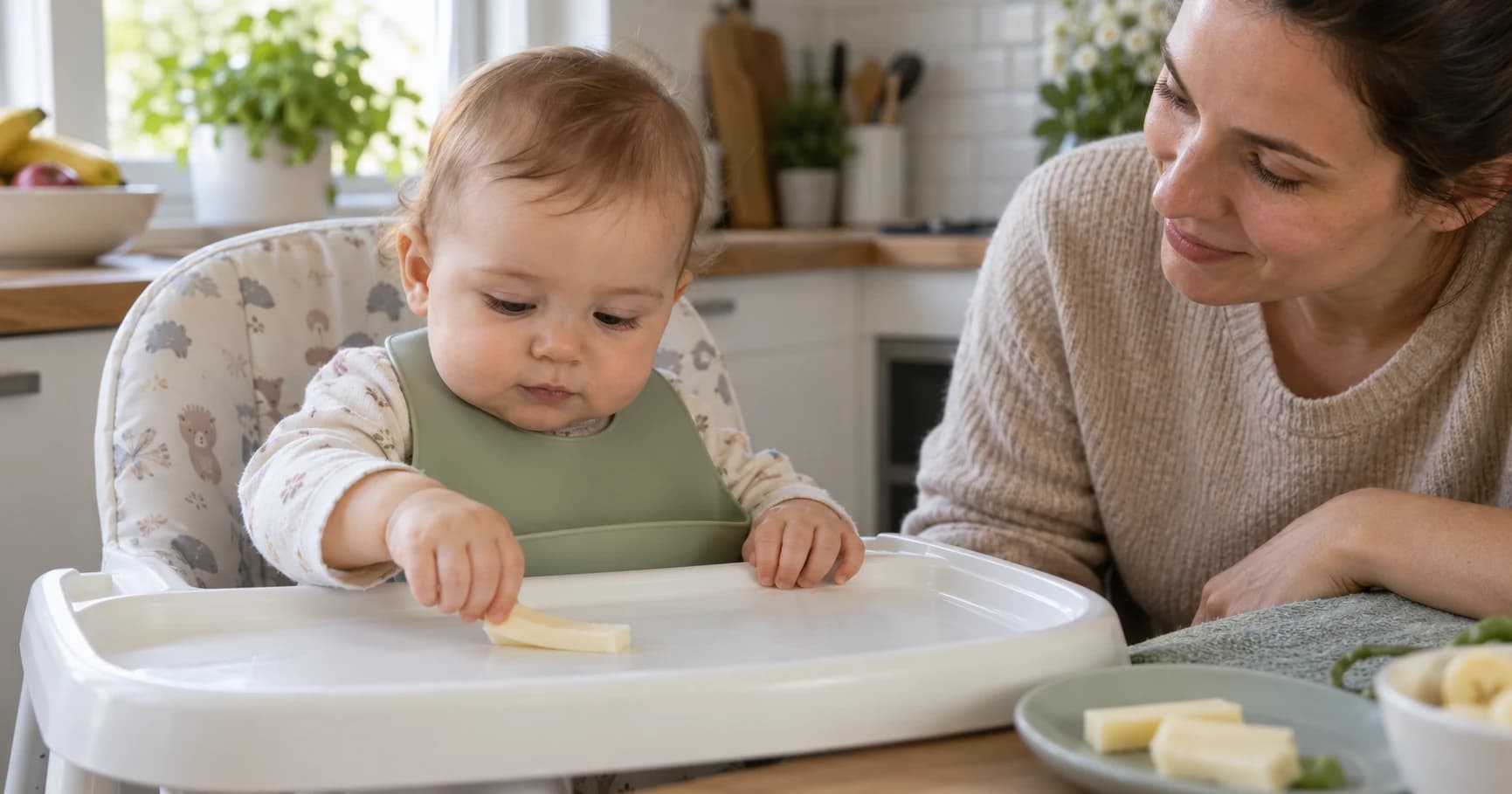 Bebeluș așezat într-un scaun de masă, explorând o bucățică moale de brânză pasteurizată sub supravegherea unui părinte, fără text sau logo