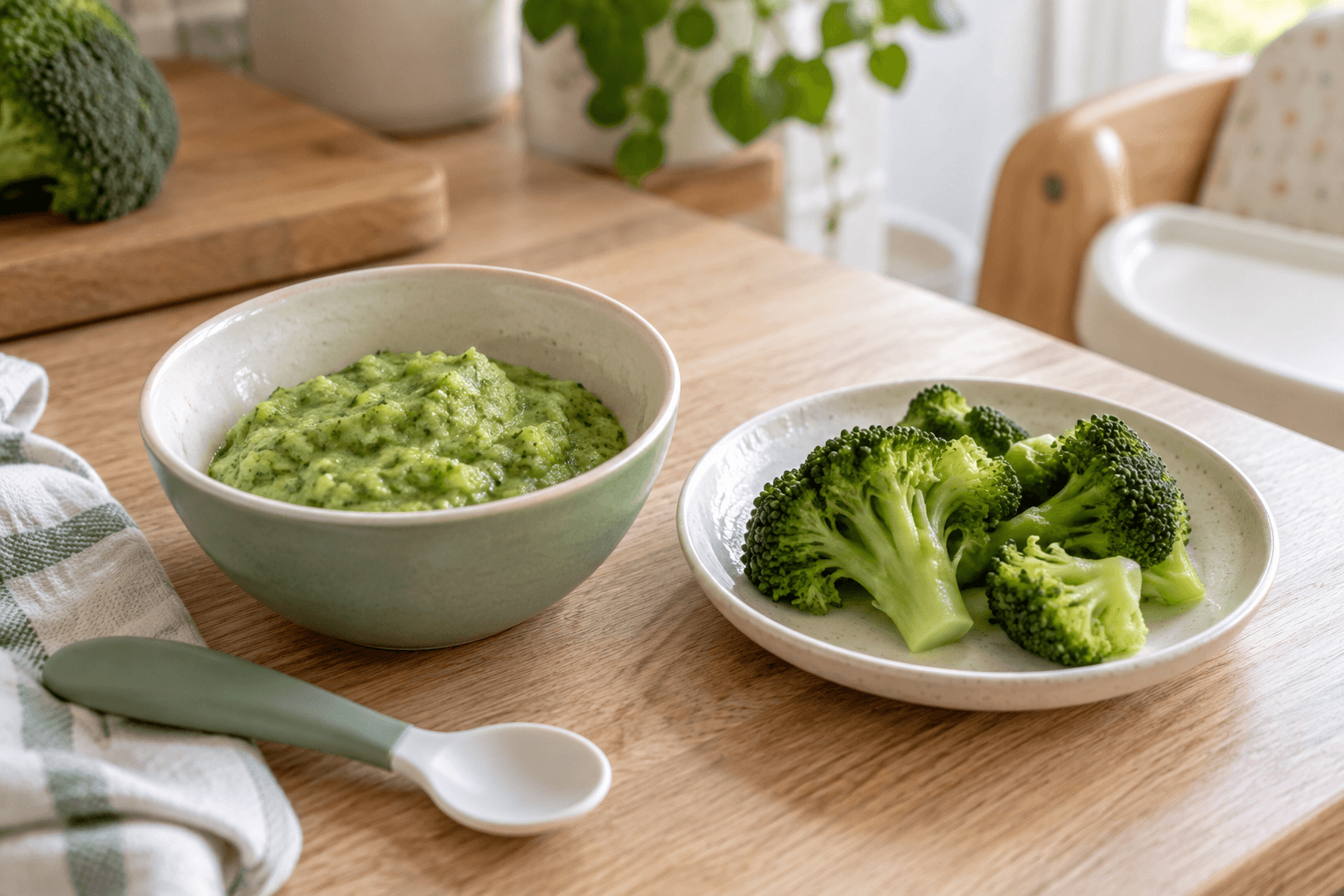Bol cu broccoli pasat și farfurie cu buchețele gătite, lângă o linguriță pe blatul bucătăriei.