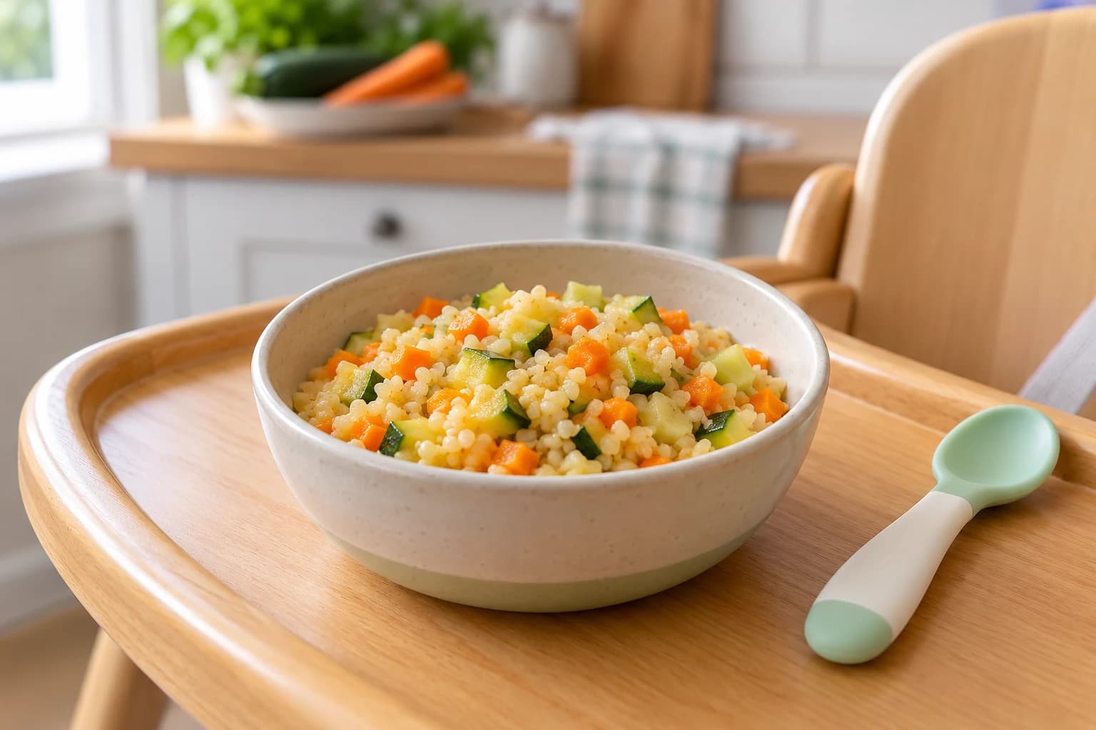 Bol cu bulgur bine hidratat și legume moi, pregătit pentru masa unui bebeluș, fără text.