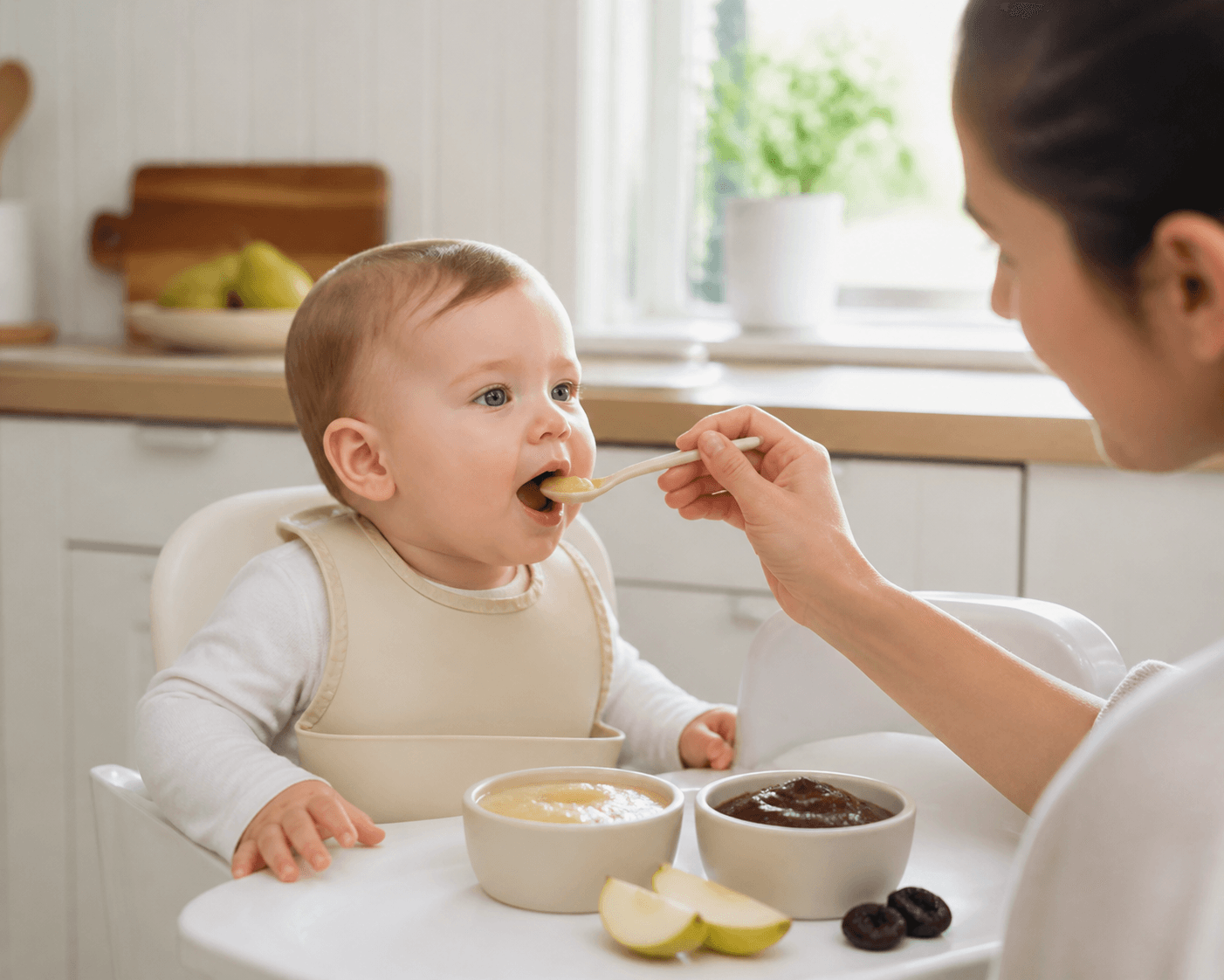 Bebelus la masa cu piure de fructe si legume, masa de familie luminoasa, fotografie editoriala fara text