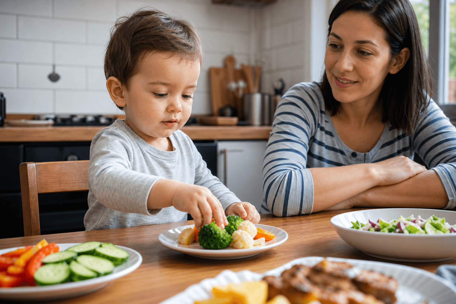 Imagine fotorealista, fara text, cu un copil mic care atinge mancarea intr-o bucatarie de familie