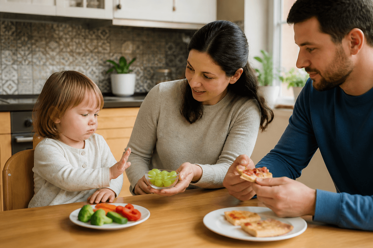 Toddler la masa refuzand legumele, cu parinte oferind alternative simple