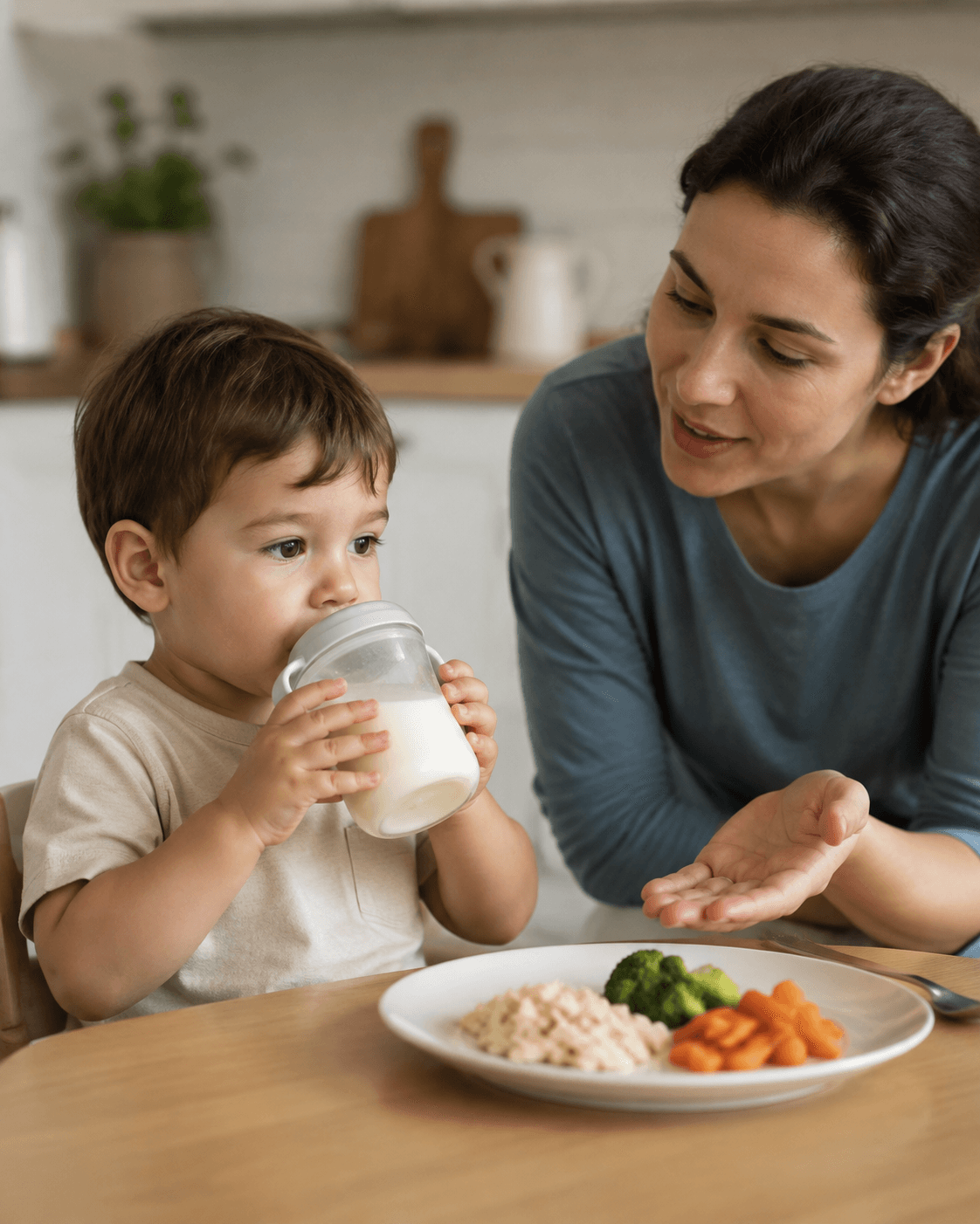 Imagine fotorealista, fara text, cu un toddler care tine un pahar cu lapte in timp ce in fata lui este o farfurie cu mancare solida la masa