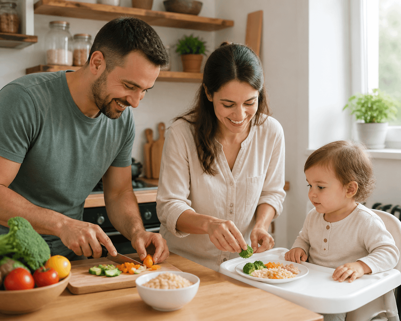 Familie care pregateste un meniu simplu pentru copil de 2 ani in bucatarie, cu farfurie mica si ingrediente proaspete, imagine editoriala realista