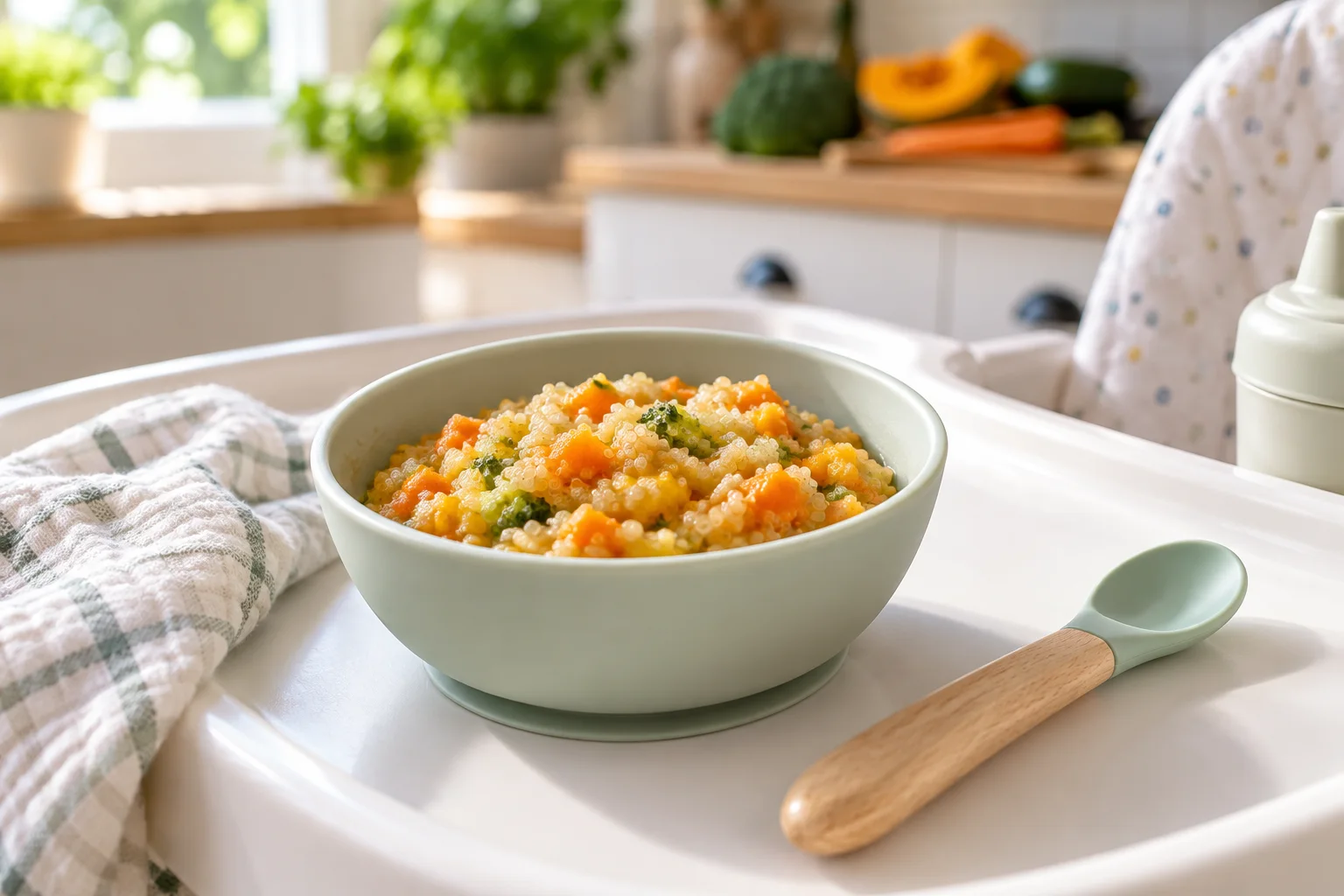 Bol cu quinoa bine gătită și legume moi pentru diversificare.