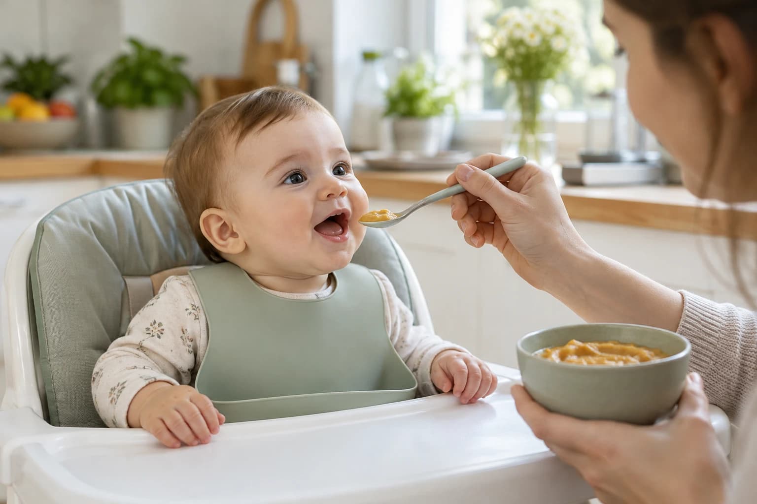 Părinte servind bucăți moi de tofu simplu unui bebeluș într-un scaun de masă, fără text sau logo