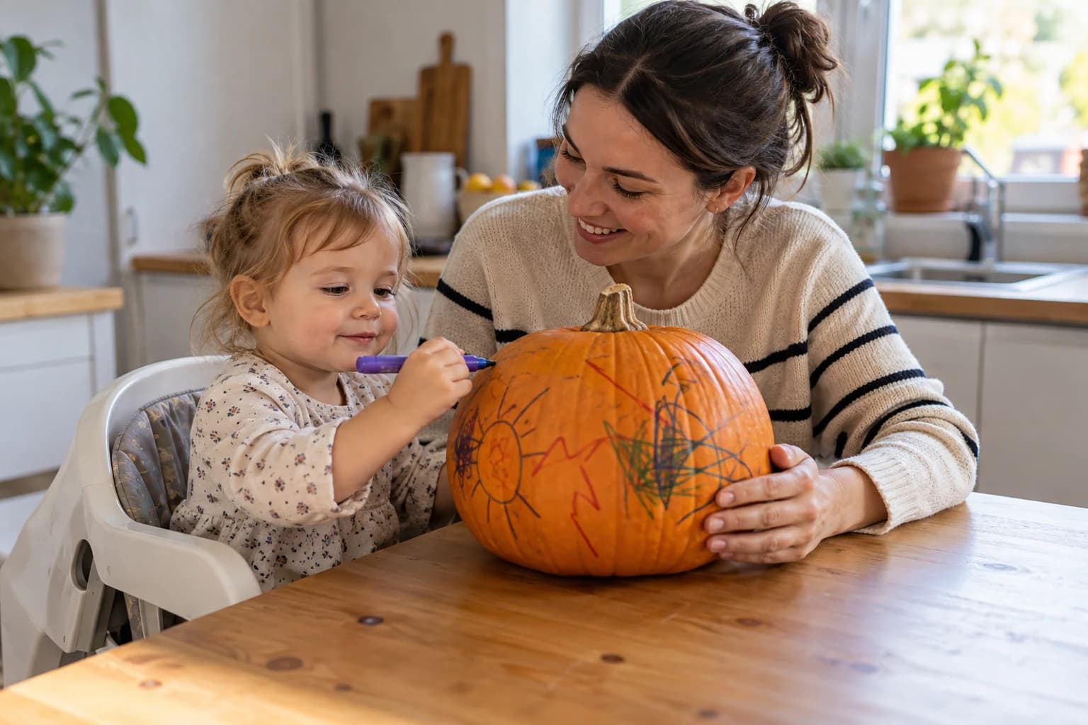 Părinte și toddler desenând pe un dovleac netăiat la masa din bucătărie.