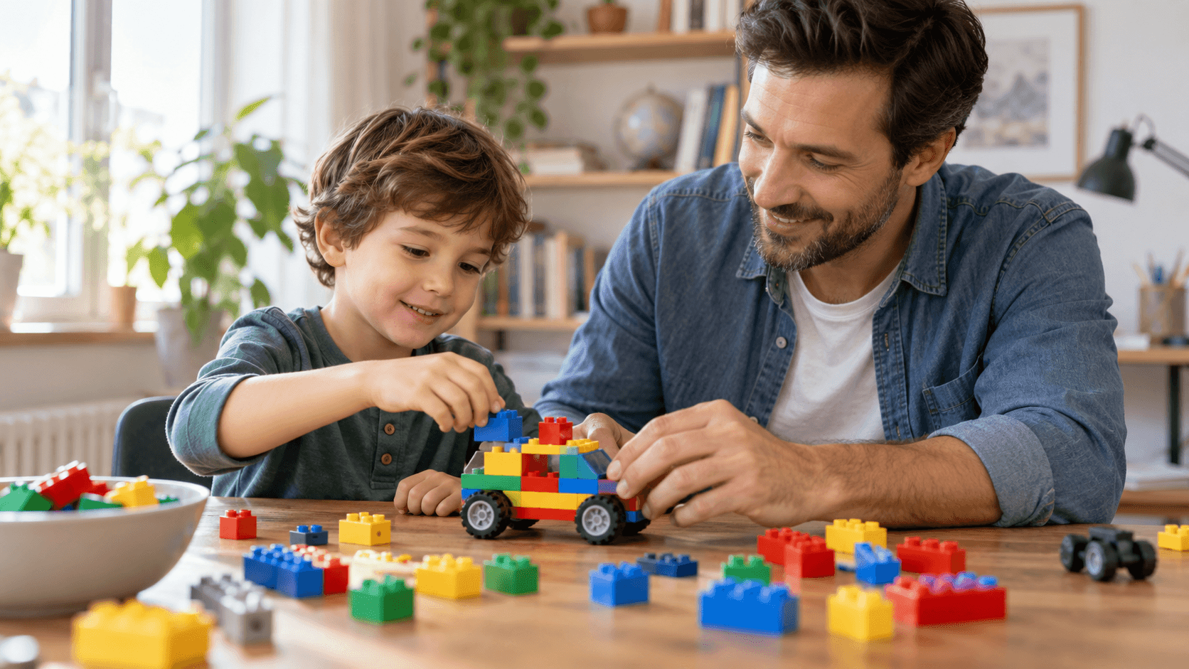 Părinte și copil care construiesc un vehicul din piese colorate
