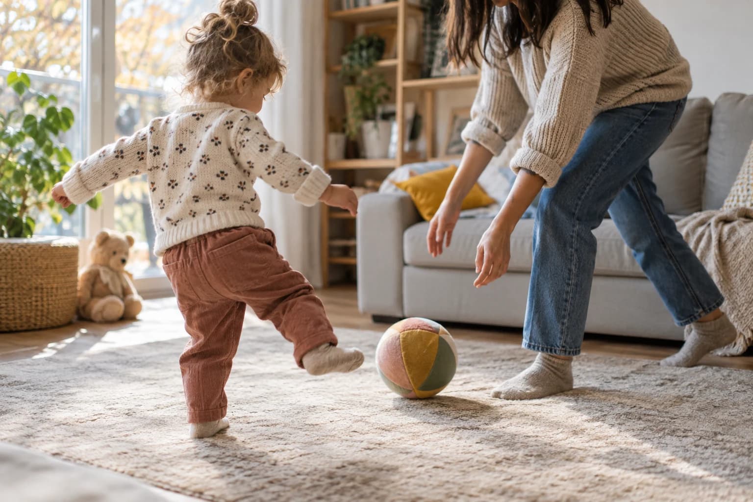 Toddler și părinte jucându-se cu o minge moale pe covor.