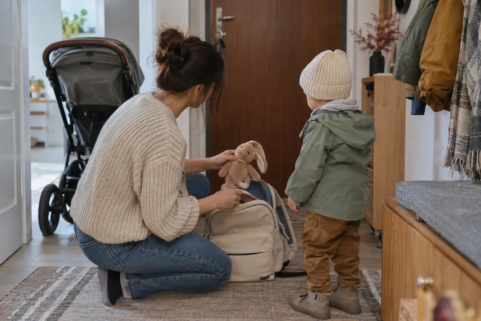 Părinte și toddler pregătind calm un rucsac lângă ușa apartamentului