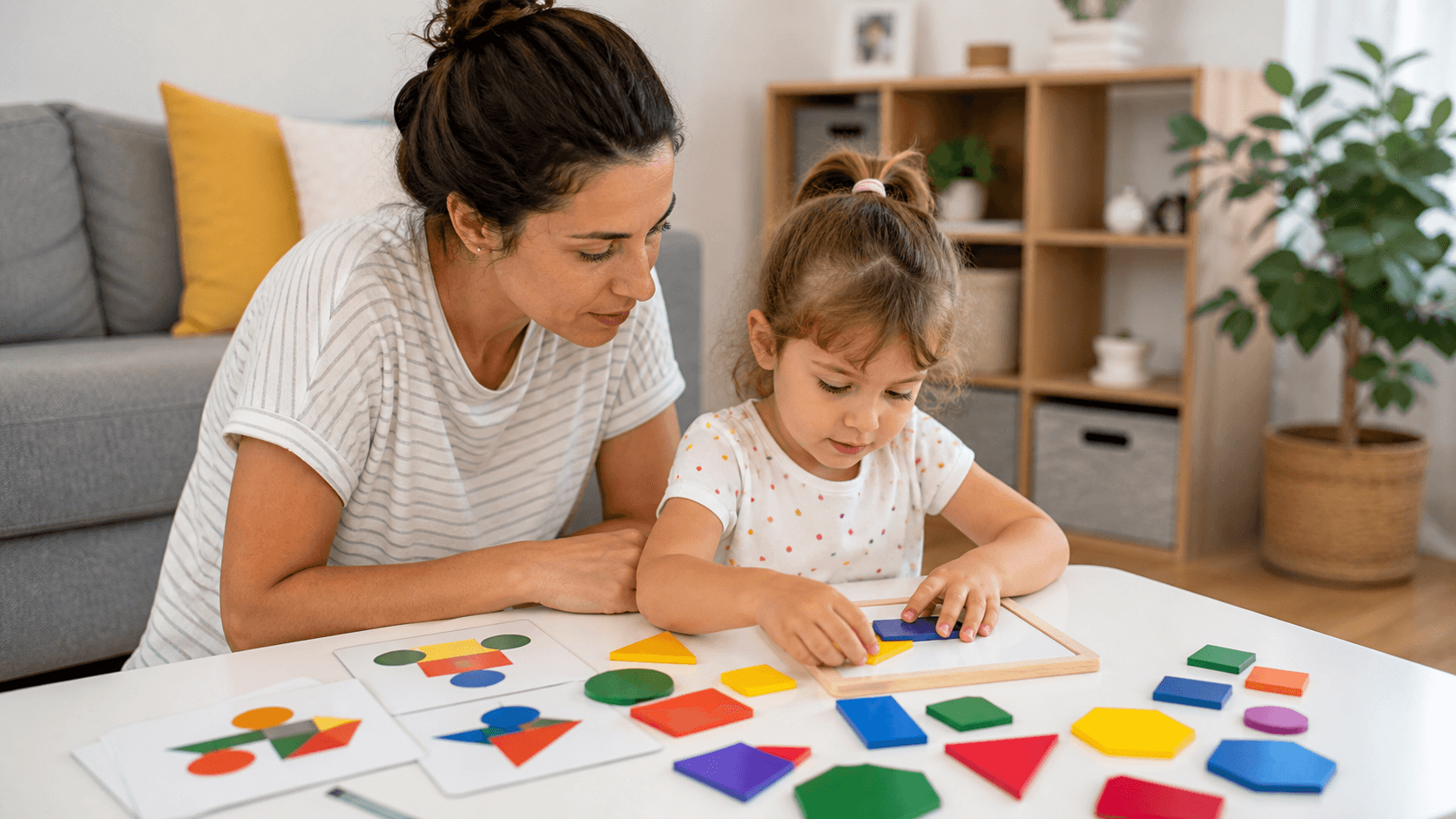Părinte care supraveghează un copil de patru ani în timp ce folosește un puzzle magnetic generic cu forme mari