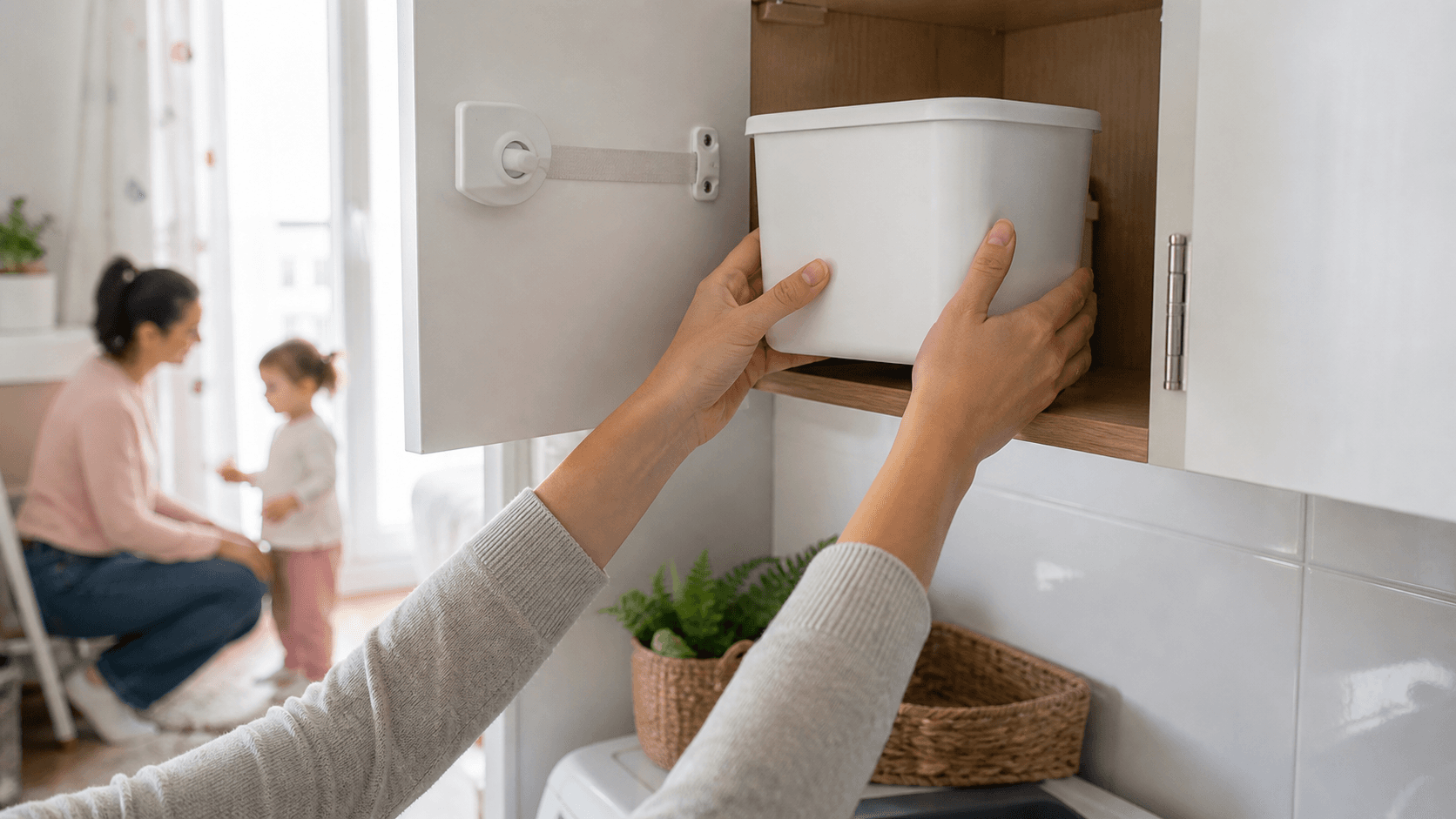 Adult care așază un recipient închis cu detergent într-un dulap înalt cu sistem de siguranță, în timp ce un copil este supravegheat în fundal