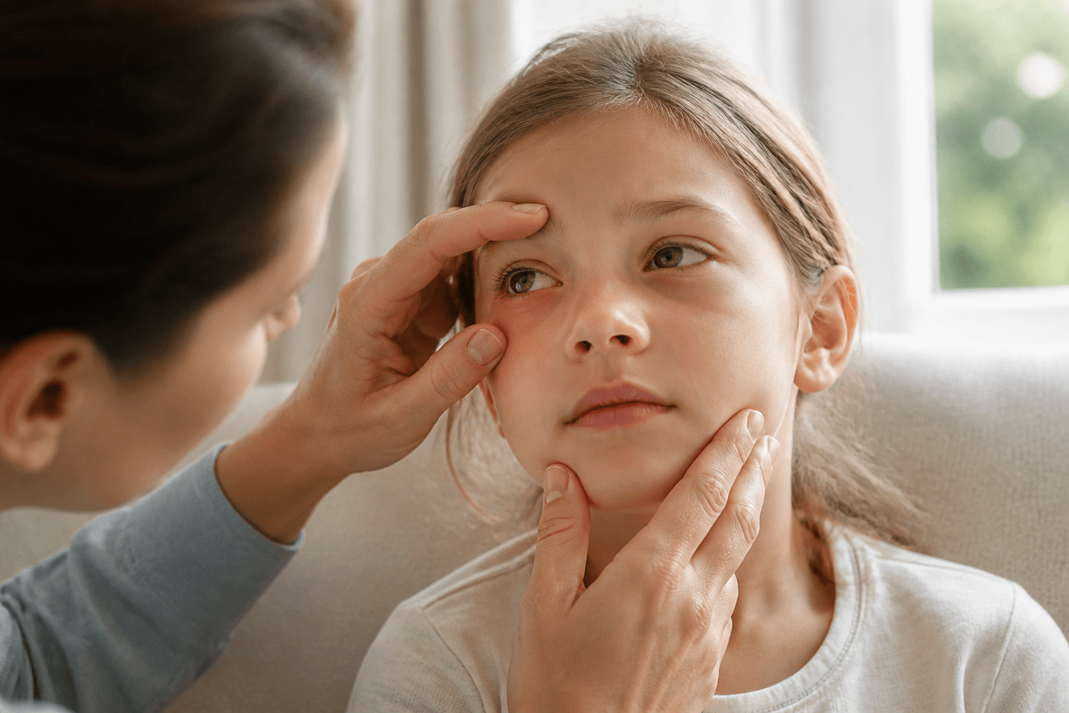 Parinte care verifica bland ochii unui copil cu usoara roseata, intr-o scena calma de familie la lumina naturala
