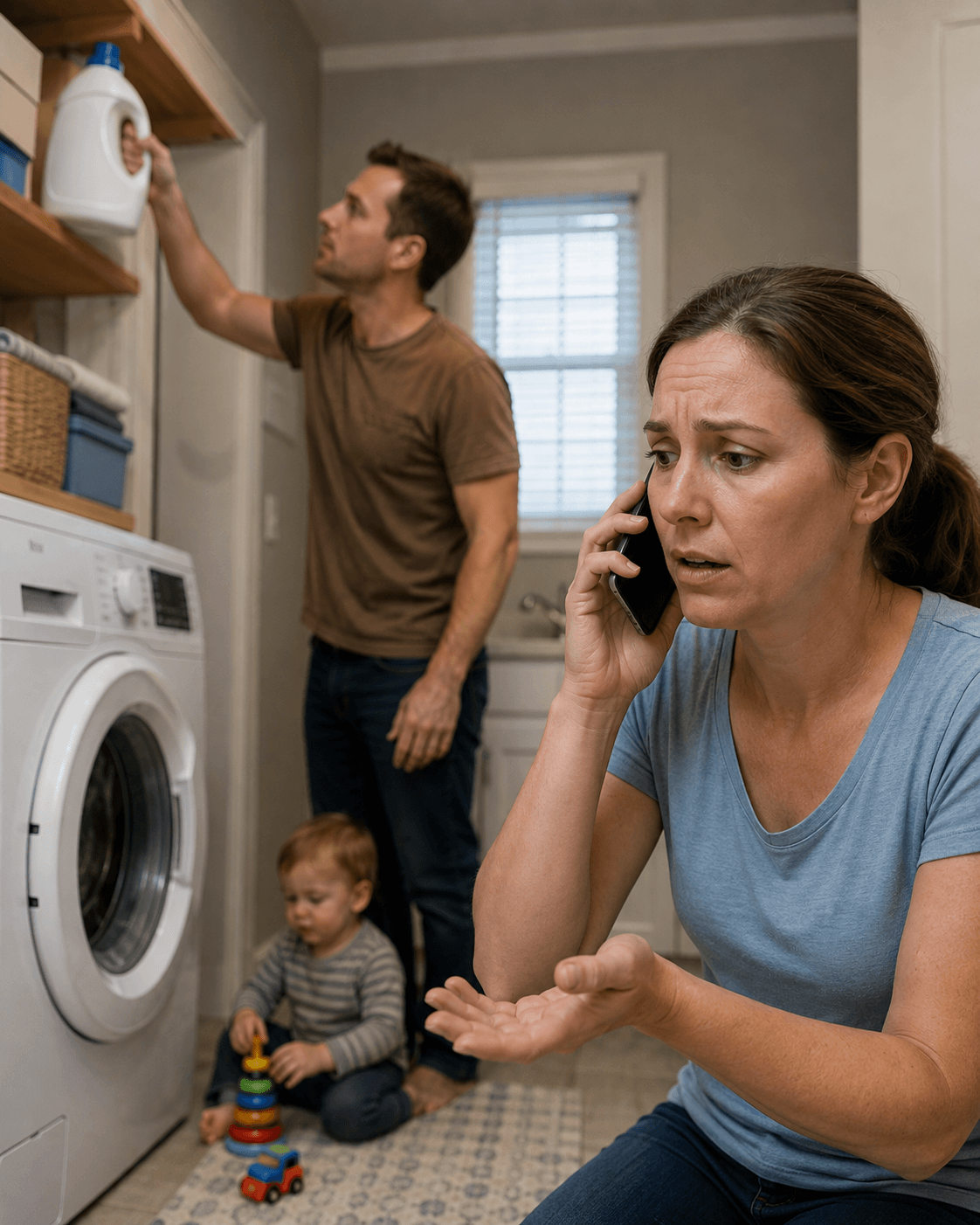 Imagine fotorealista, fara text, cu un parinte care tine detergentul sus in timp ce un alt adult suna la ajutor, iar copilul este in siguranta in fundal
