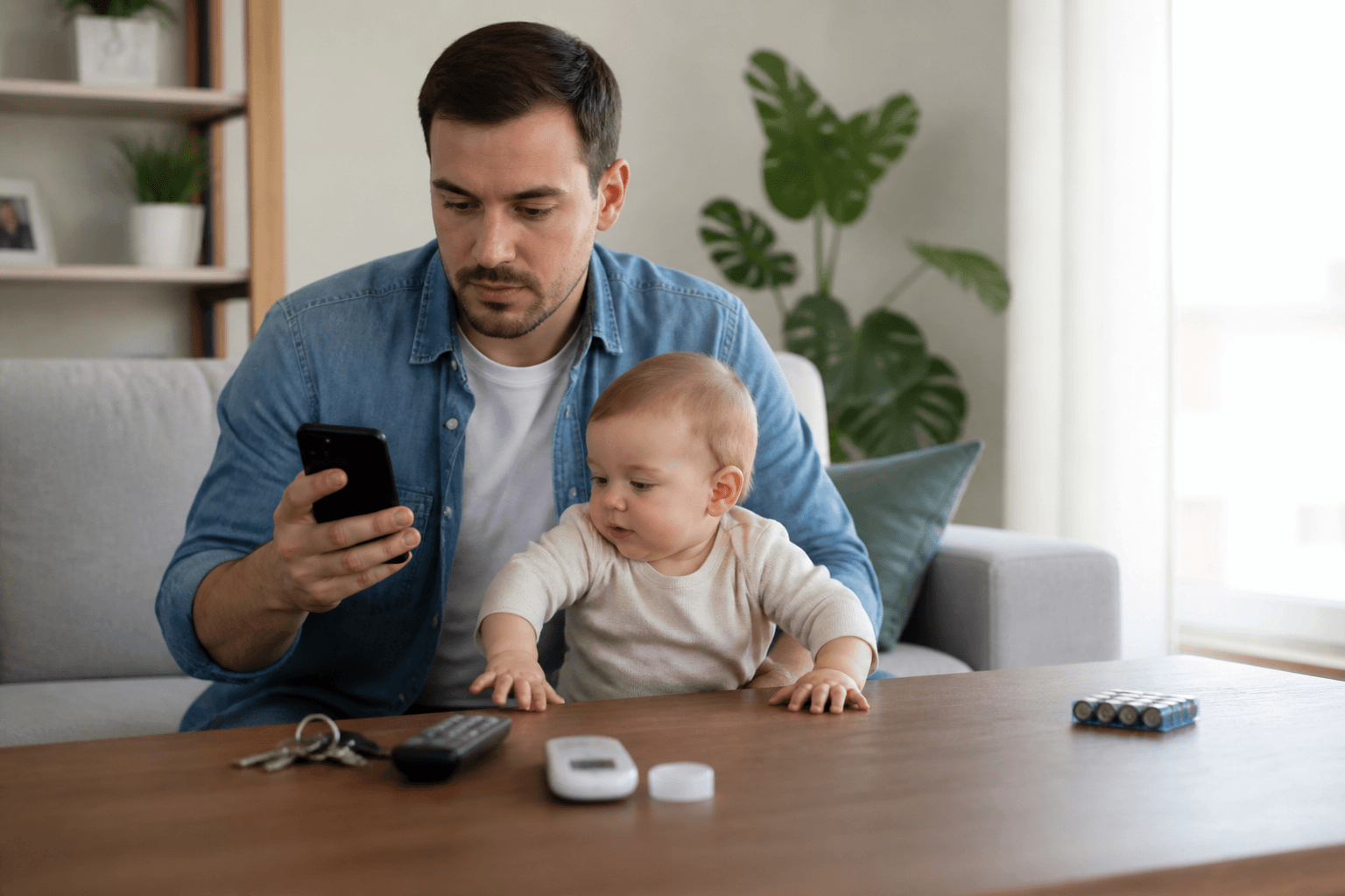 Imagine fotorealista, fara text, cu un parinte ingrijorat intr-o camera medicala sau la urgenta cu un copil mic