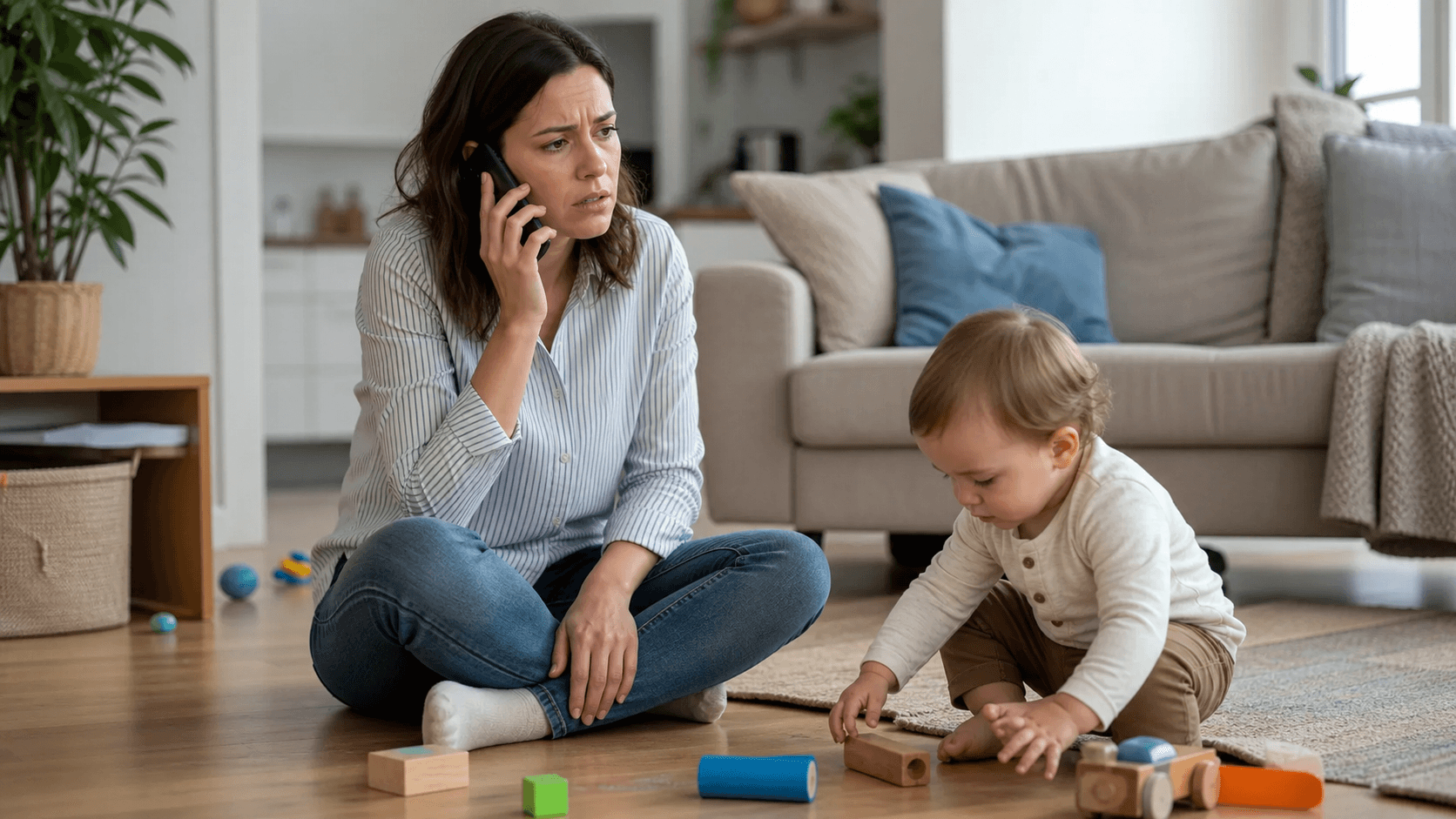 Imagine fotorealista, fara text, cu un parinte care supravegheaza atent un copil mic si tine telefonul in mana