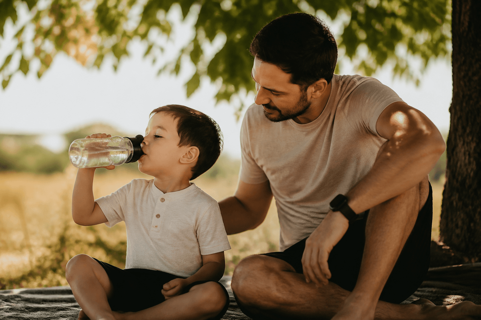 Imagine fotorealista, fara text, cu un copil care bea apa la umbra intr-o zi calda