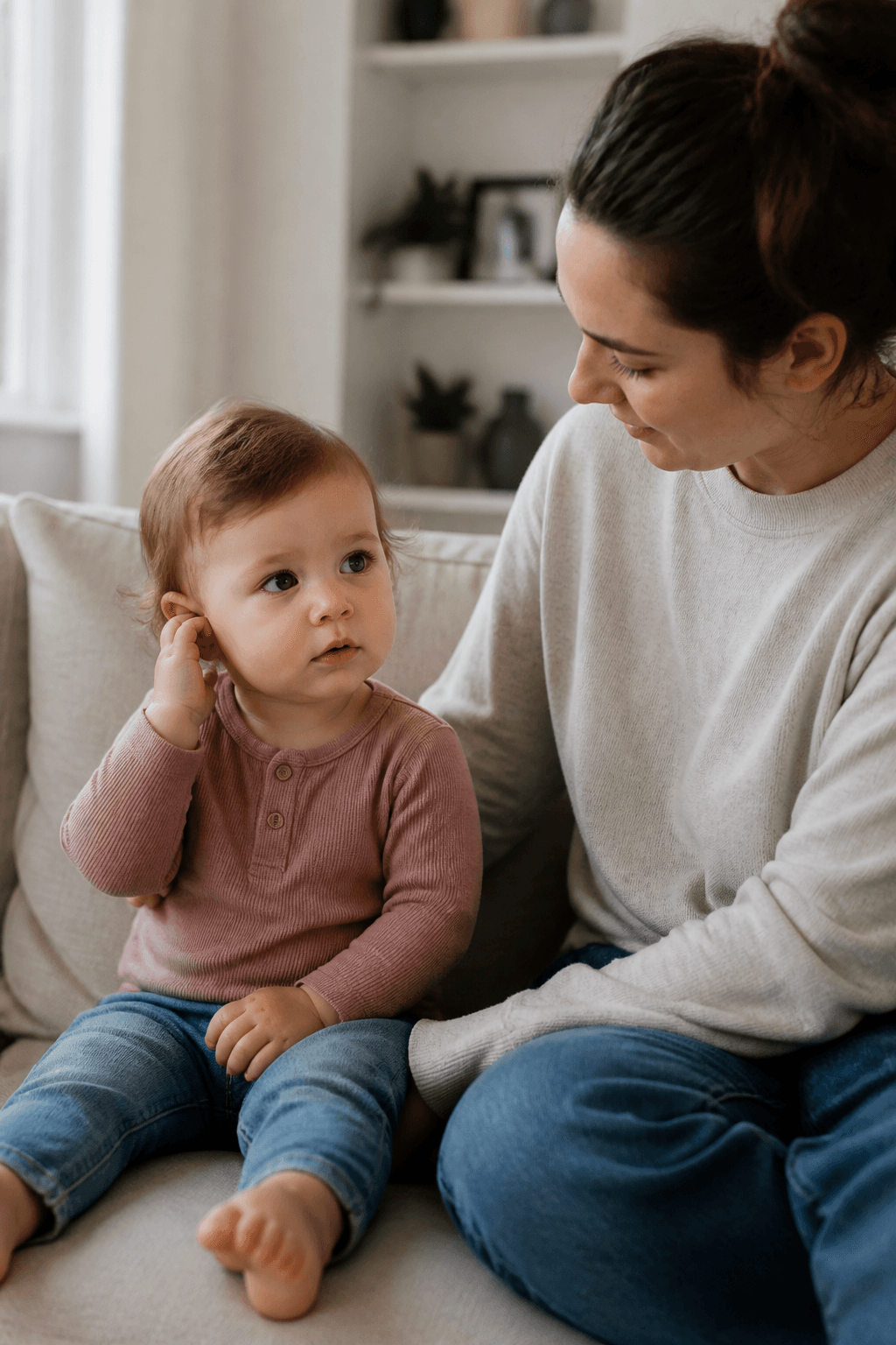 Toddler care isi atinge urechea, iar parintele il tine aproape pe canapea, scena foto realista si calma
