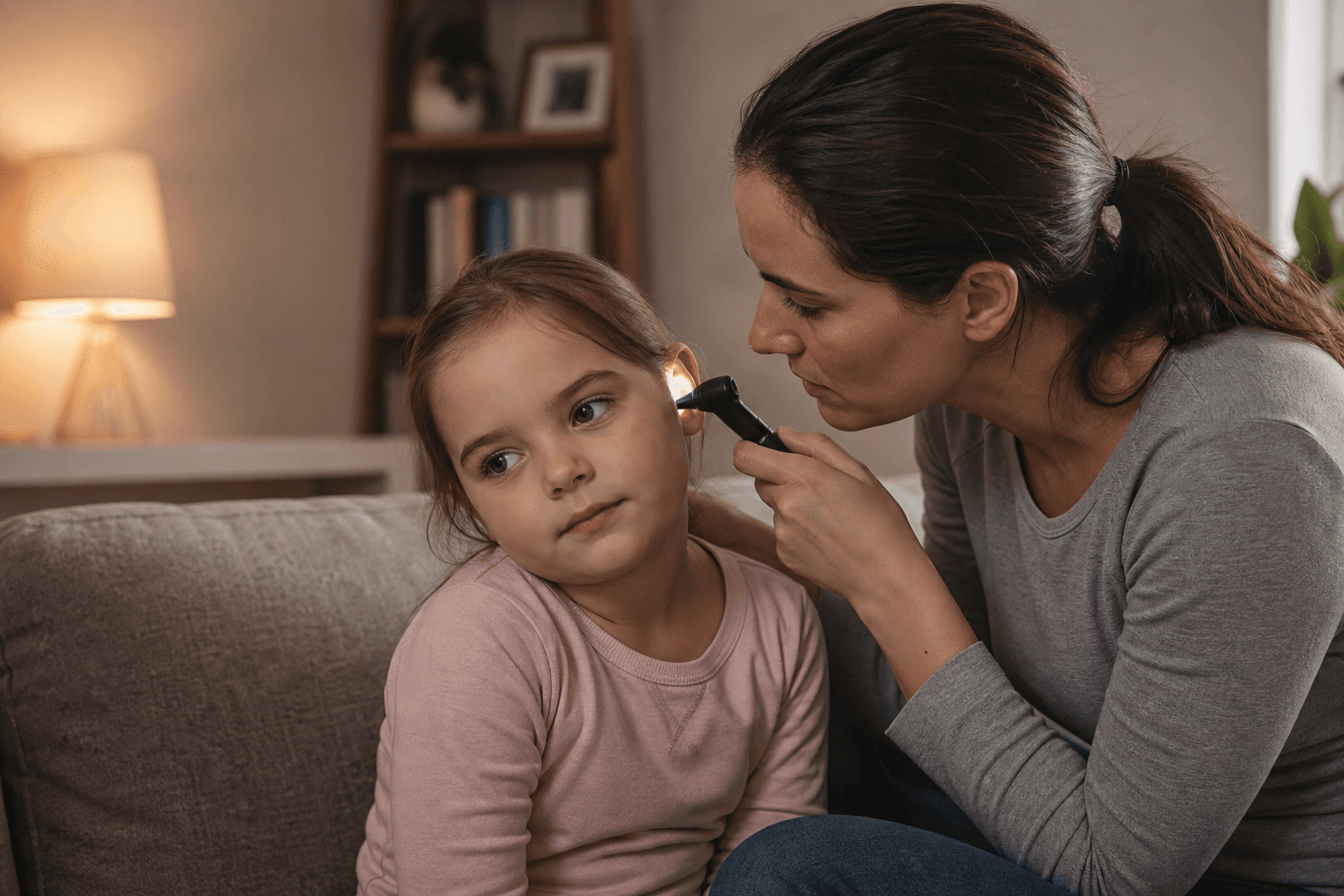Parent checking a child's ear gently with a small light at home, warm evening interior, editorial lifestyle photo