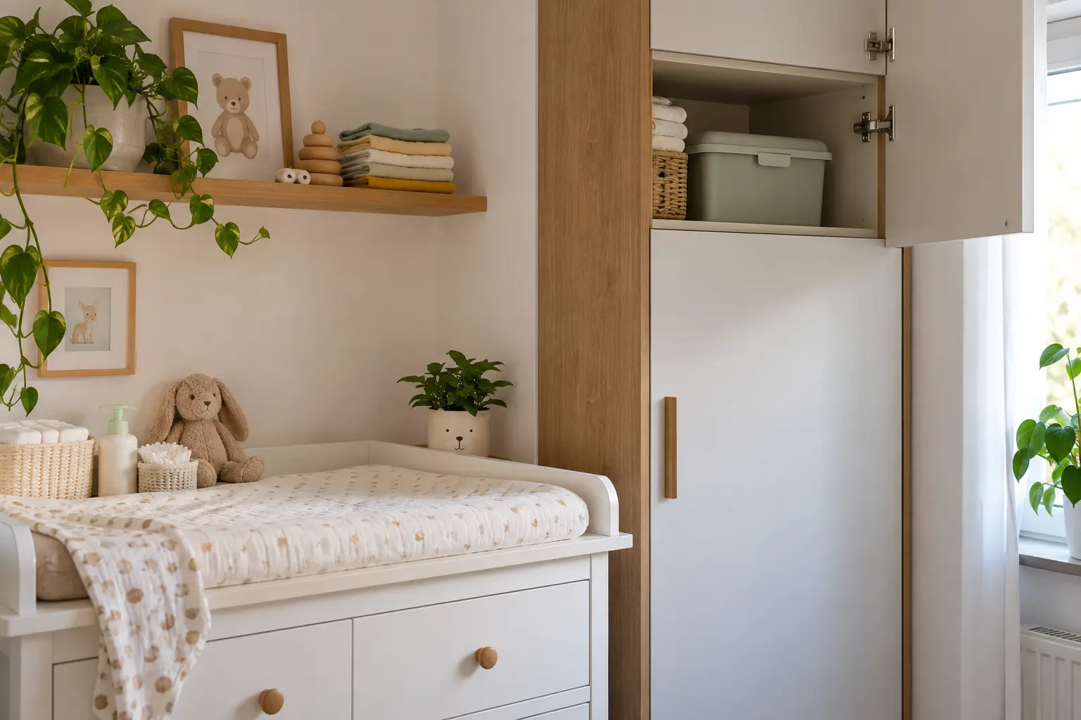Recipient închis pentru materiale de schimbat scutece, așezat sus într-o cameră de copil.