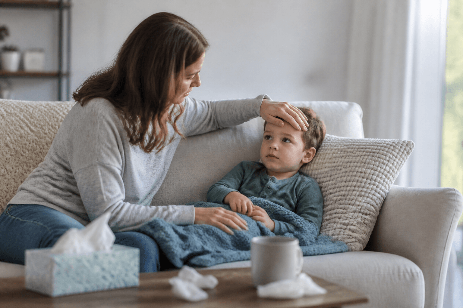 Imagine fotorealista, fara text, cu un parinte care verifica fruntea unui copil asezat pe canapea intr-un living calm