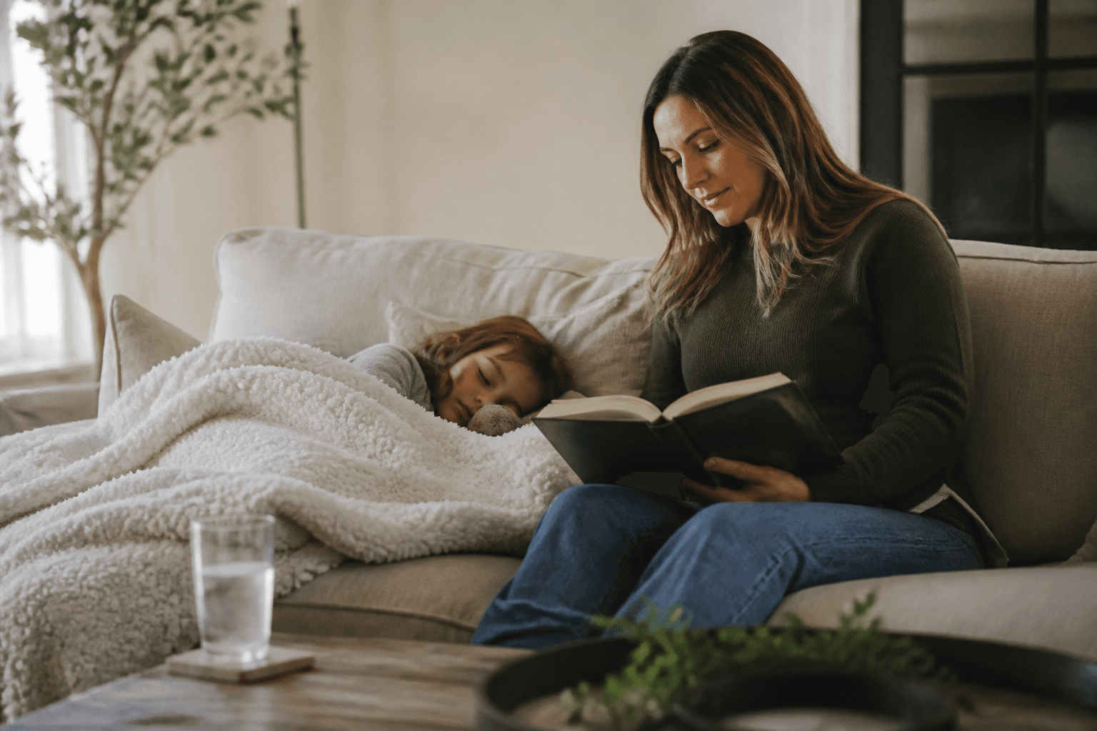Parent reading beside a resting child on a sofa at home, cozy calm atmosphere, realistic editorial lifestyle photo
