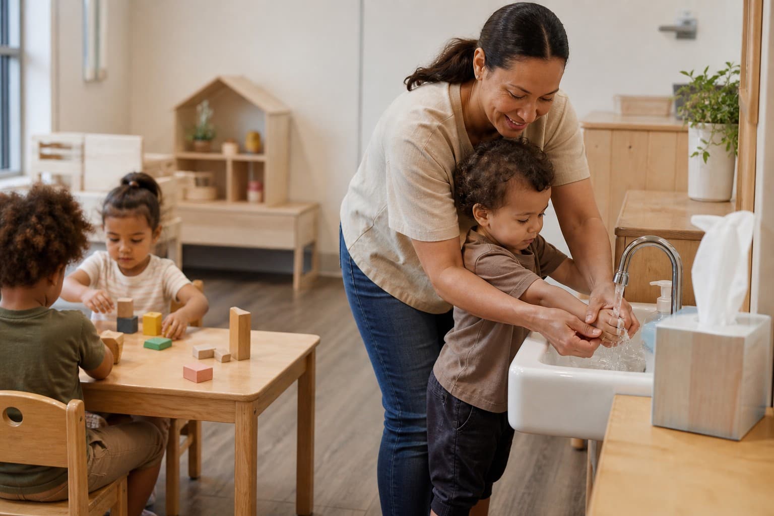 Copii mici jucandu-se intr-o sala de cresa luminoasa, cu o educatoare care ajuta un copil sa se spele pe maini