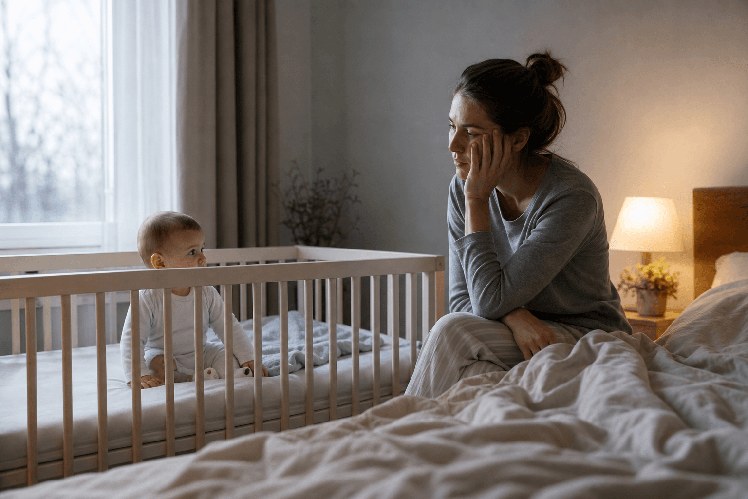 Baby awake very early in a crib while a tired parent sits nearby in a dim bedroom, editorial lifestyle photo