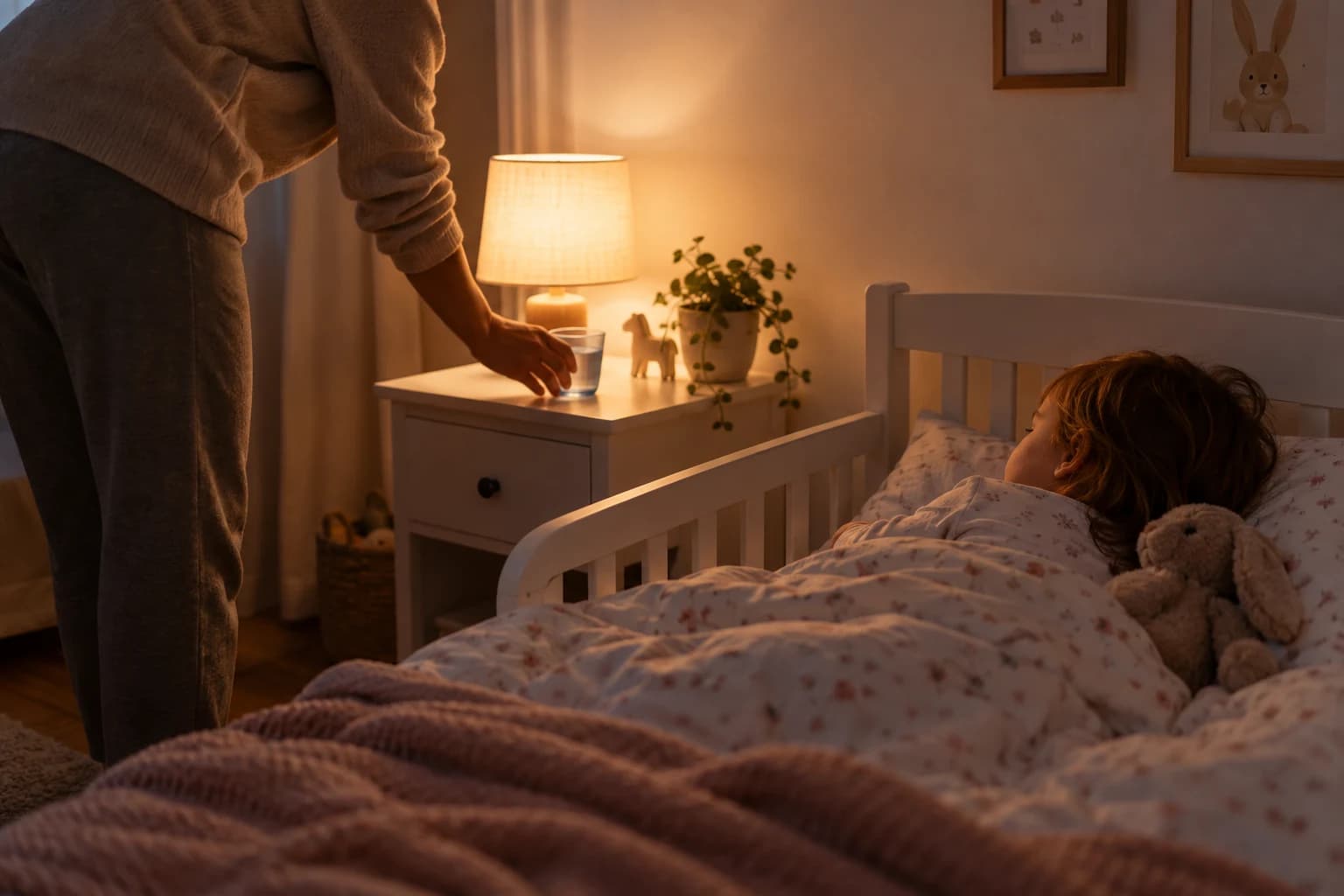 Părinte pune un pahar mic cu apă pe noptieră lângă patul unui copil mic, într-o cameră luminată discret.