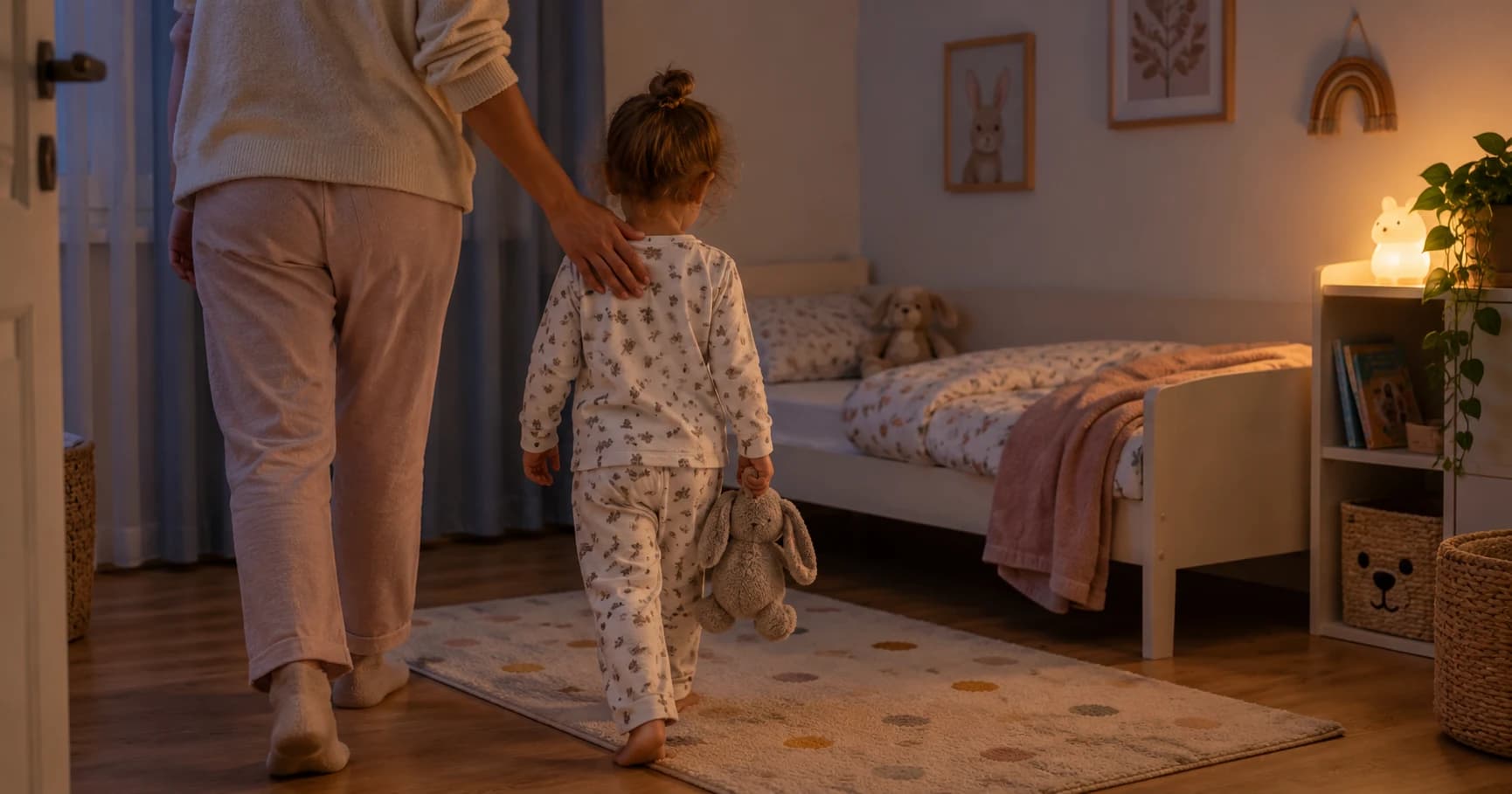 Părinte conduce calm un copil mic înapoi spre pat într-o cameră de seară, cu lumină caldă, fără text sau logo