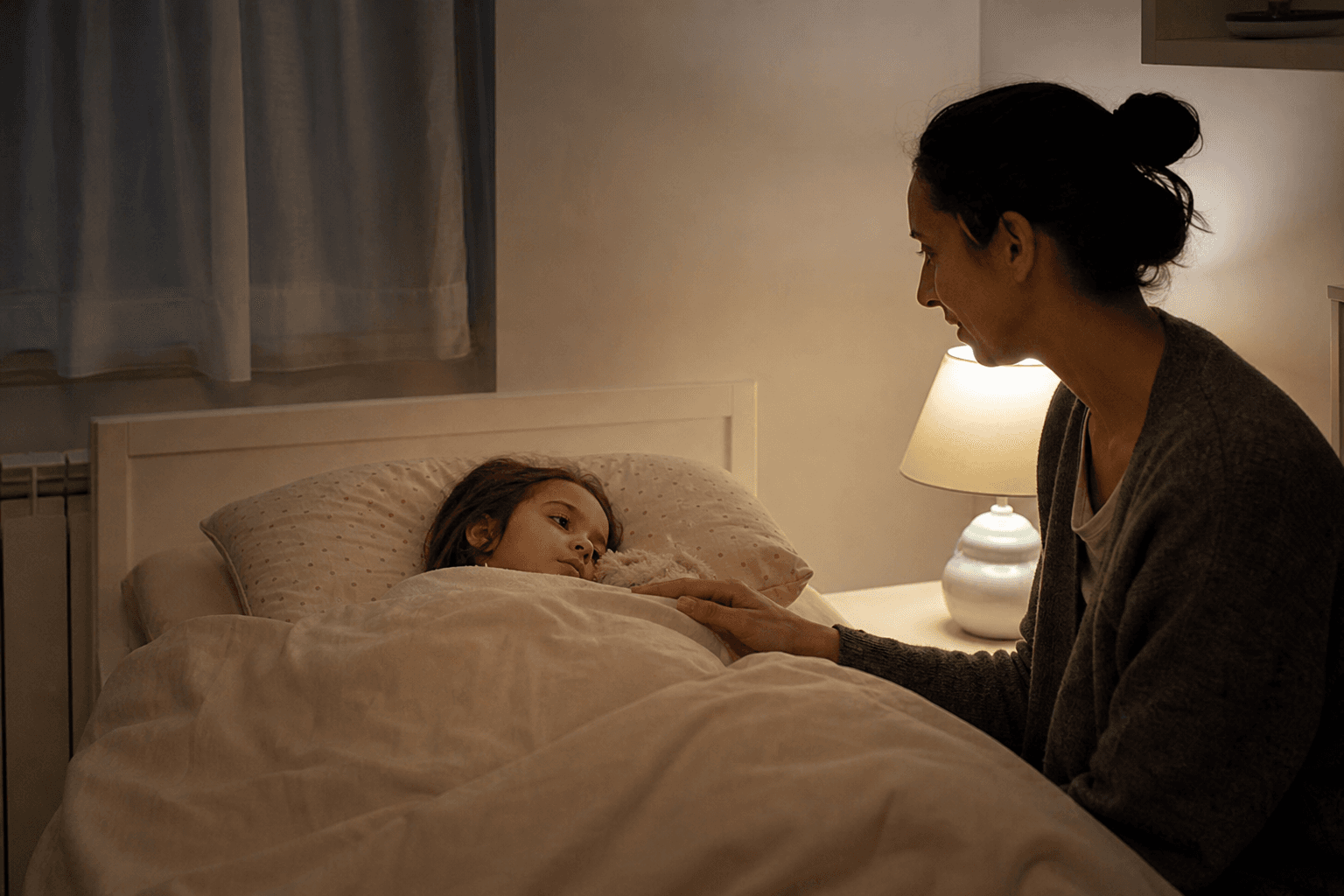 Imagine fotorealista, fara text, cu un copil mic trezit noaptea si un parinte care il linisteste intr-o camera slab luminata
