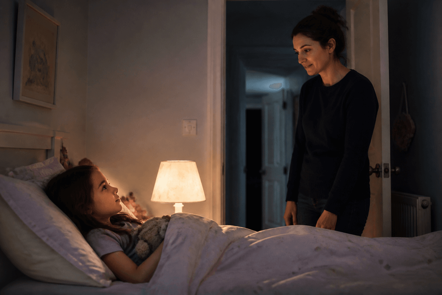 Child awake in bed at night while a parent stands nearby offering calm reassurance, realistic editorial lifestyle photo