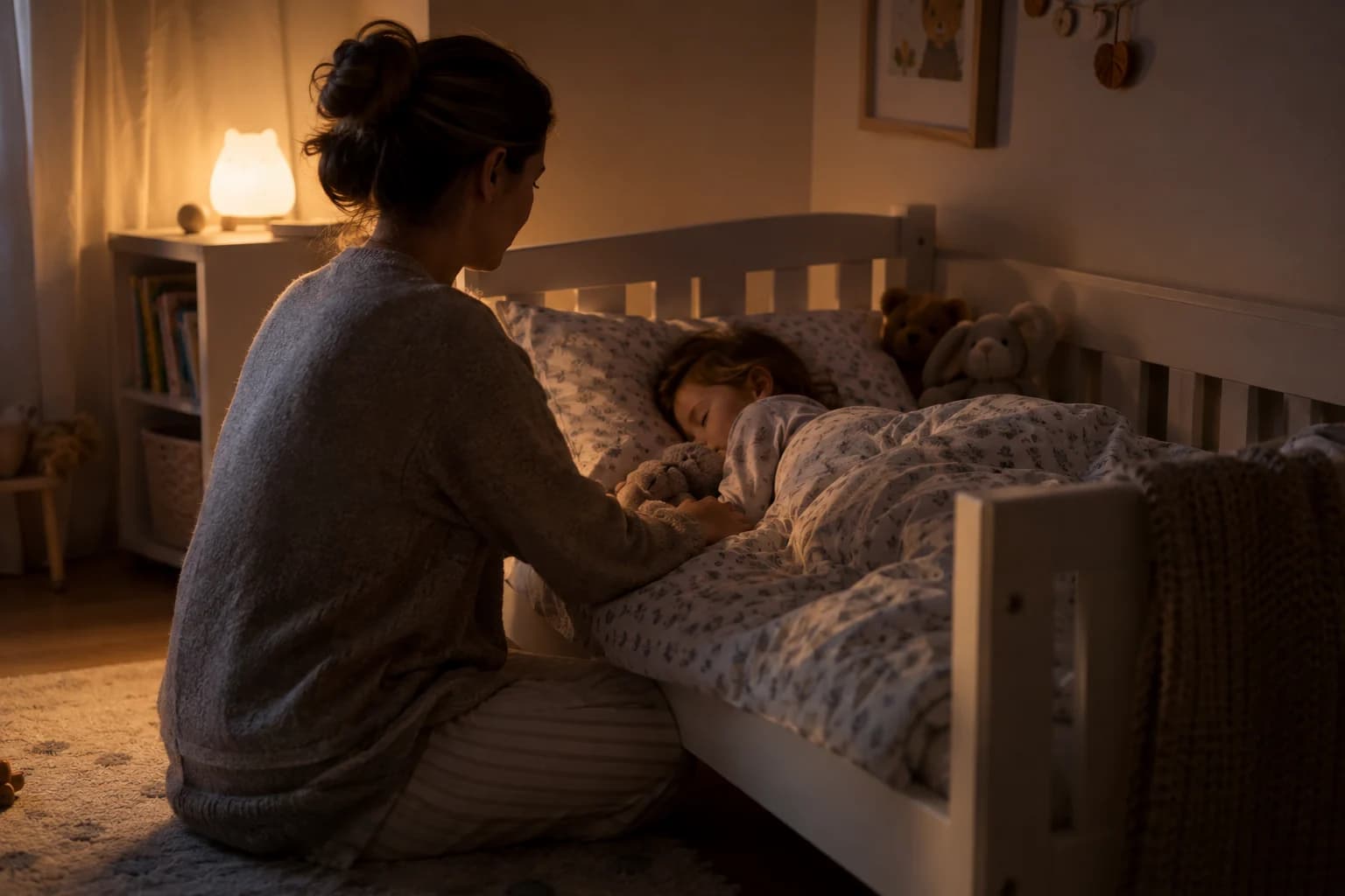 Părinte stând calm lângă patul unui copil mic care doarme într-o cameră cu lumină de veghe, fără text sau logo