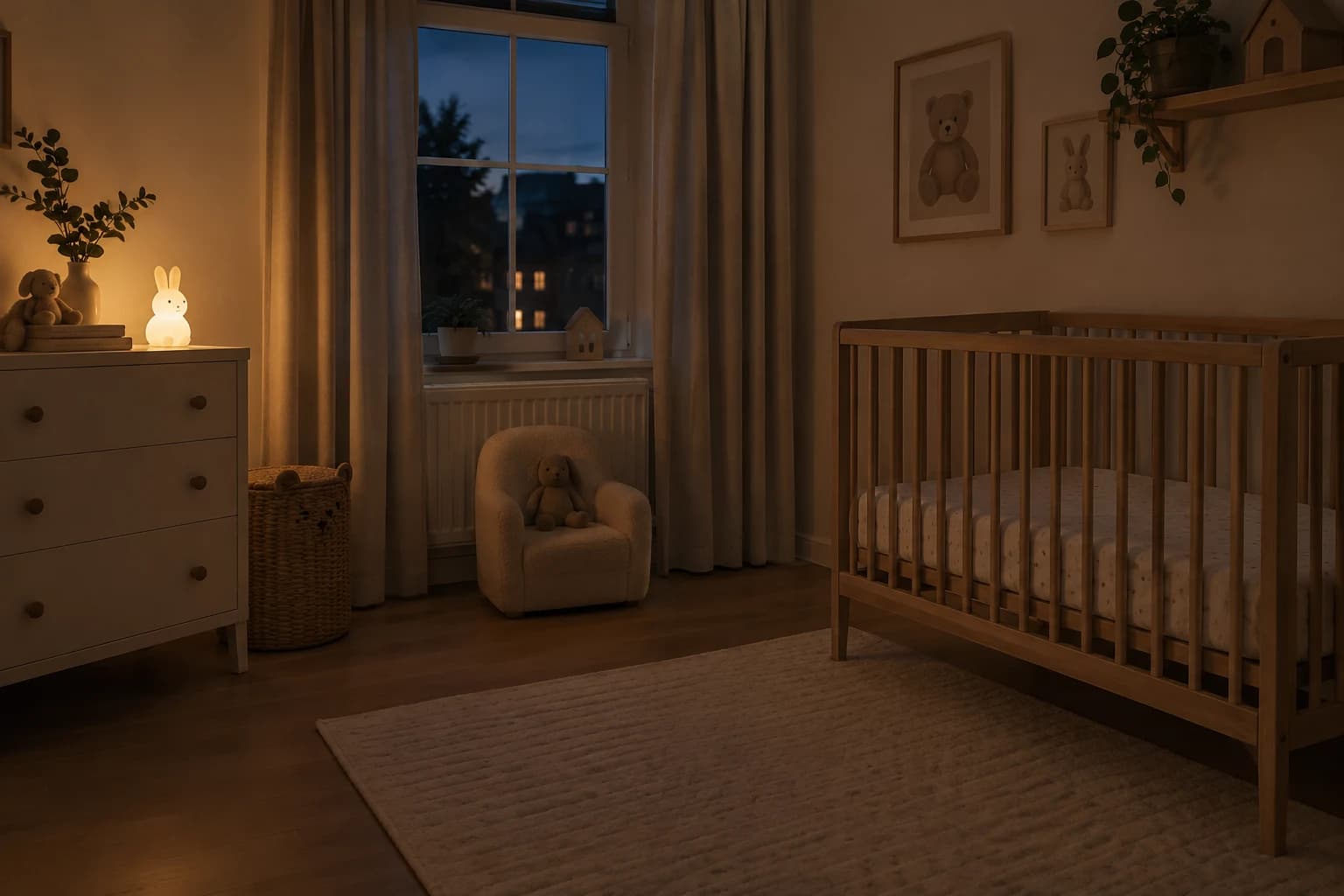 Cameră de copil ordonată, cu lumină de veghe discretă pe o comodă, departe de pătuț
