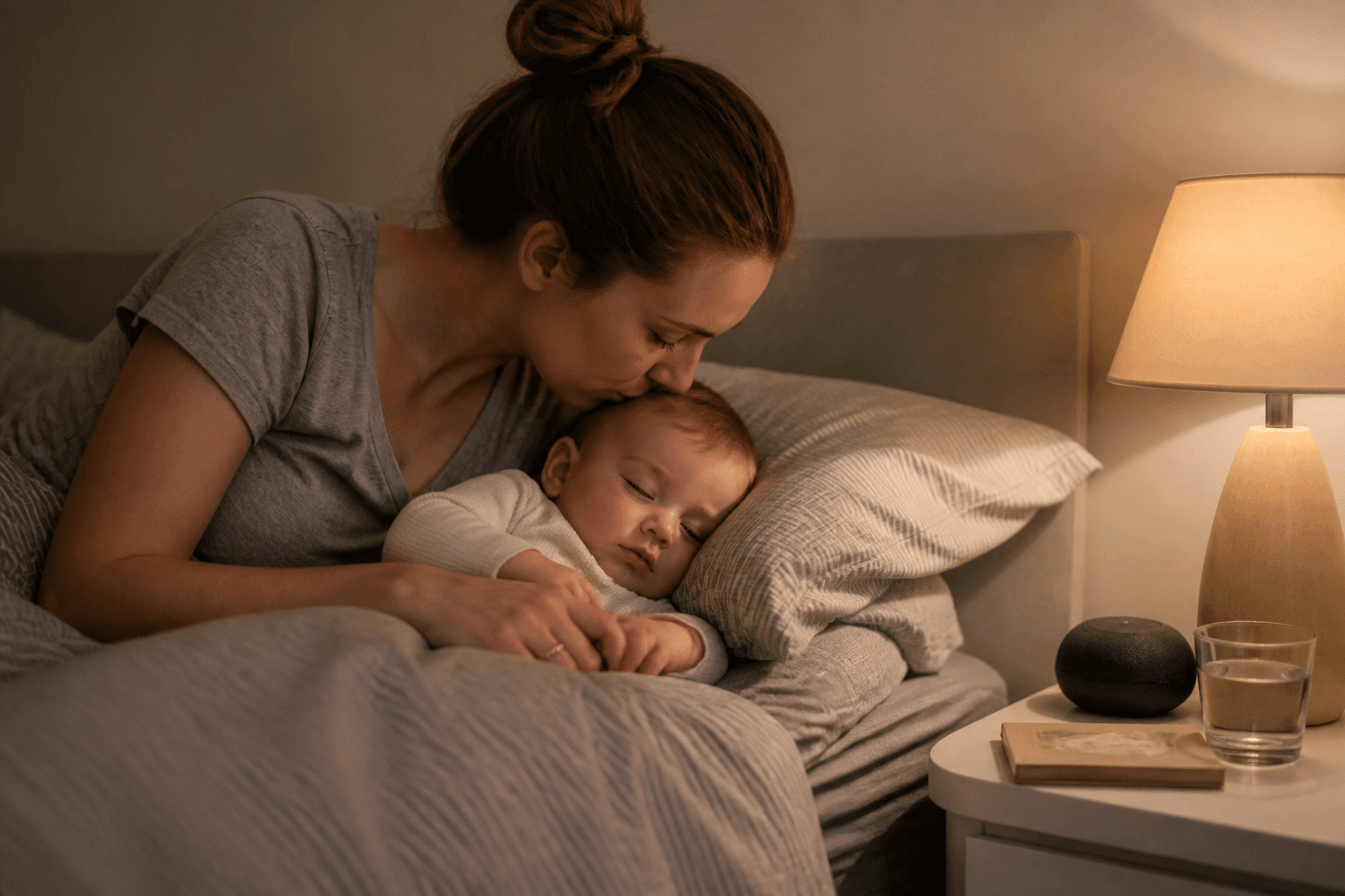 Imagine fotorealista, fara text, cu un parinte care alina un bebelus adormit intr-o camera de seara