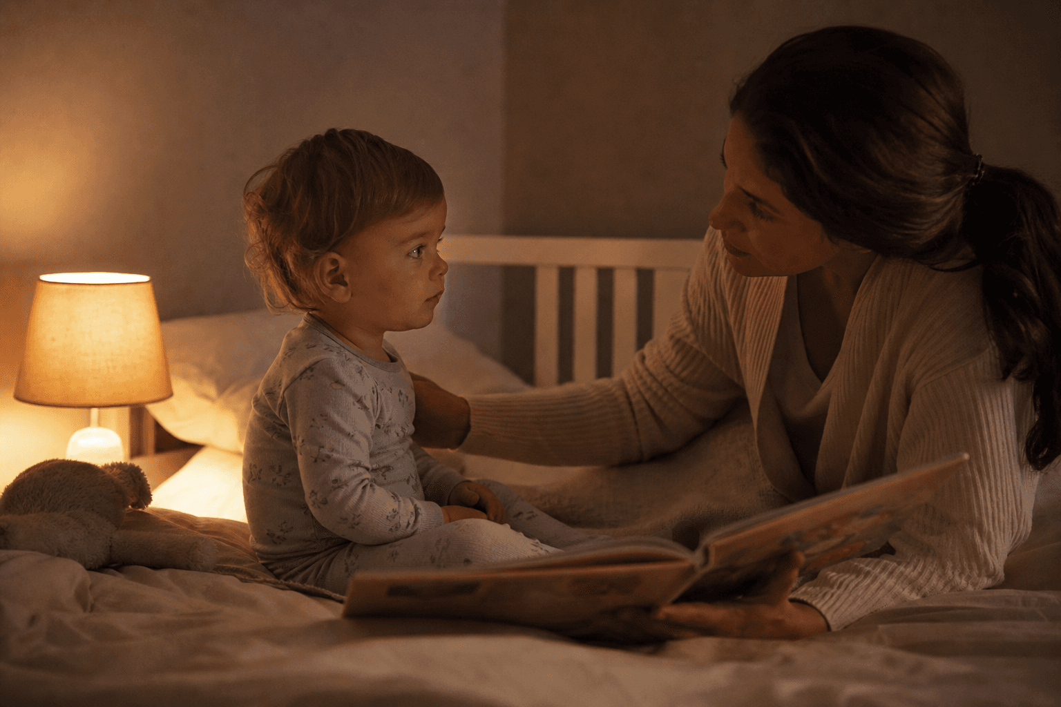 Copil de 18 luni in pijama, linistit de parinte intr-o camera de seara