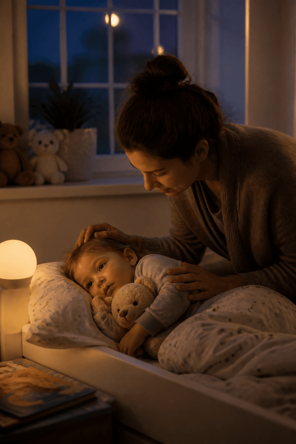 Imagine fotorealista, fara text, cu un copil de 18 luni linistit de un parinte inainte de culcare, in lumina calda a serii