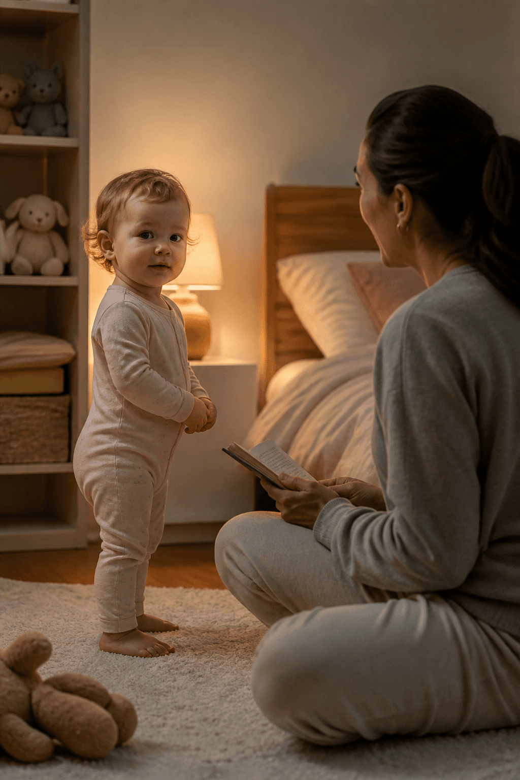 Toddler in pijama la ora de culcare, cu parinte citind in lumina calda a lampii, scena foto realista