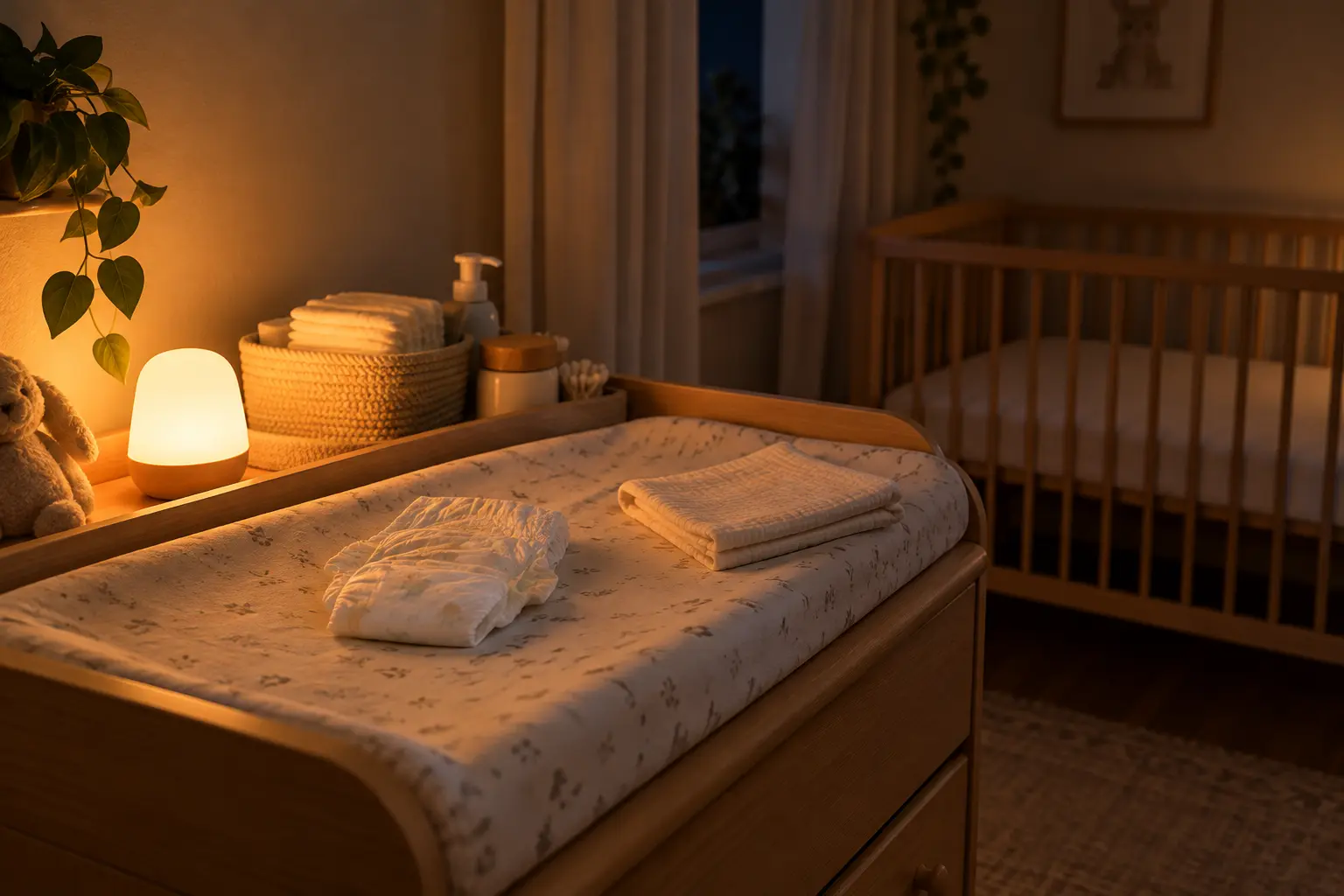 Măsuță simplă pentru schimbat scutecul, pregătită cu lumină caldă și discretă.