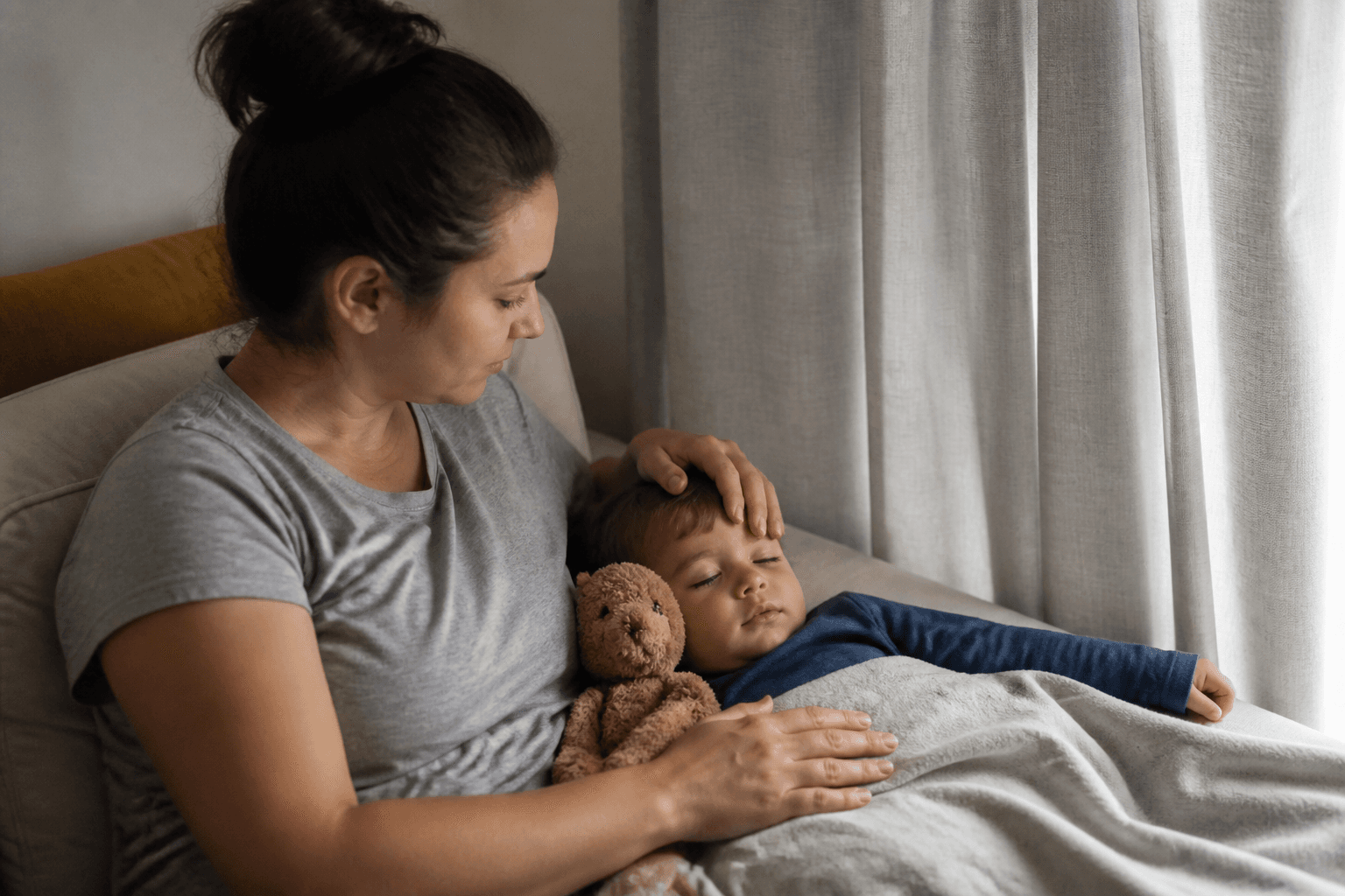 Imagine fotorealista, fara text, cu un copil mic adormind la pranz in liniste