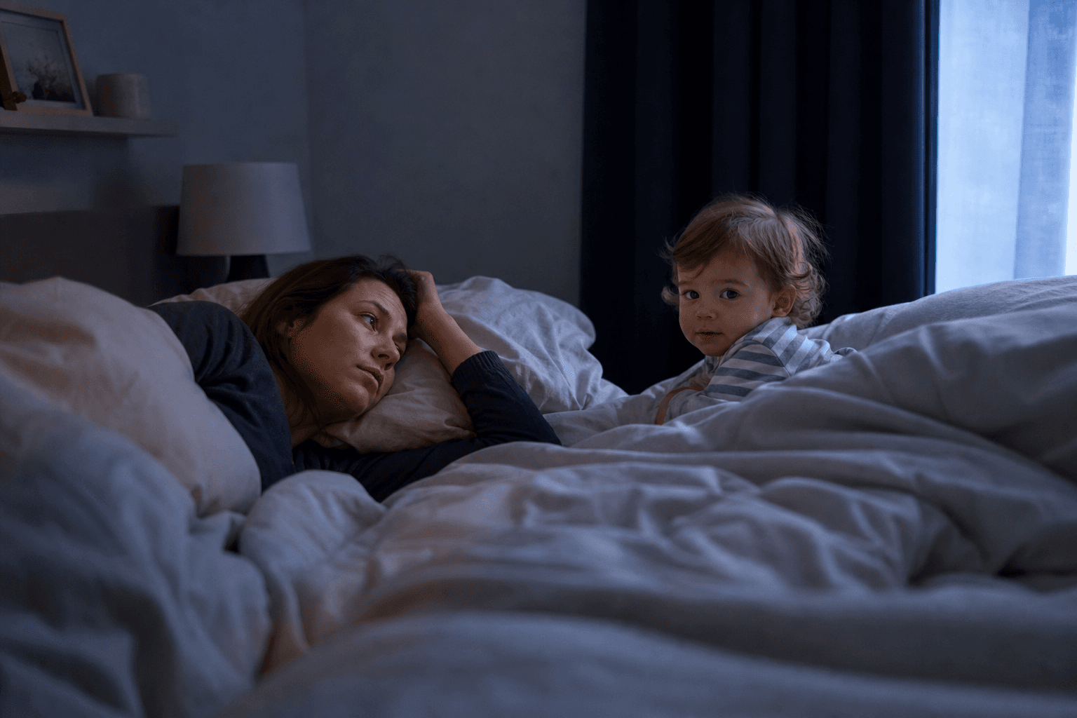 Imagine fotorealista, fara text, cu un parinte si un copil mic in lumina difuza a diminetii intr-un dormitor
